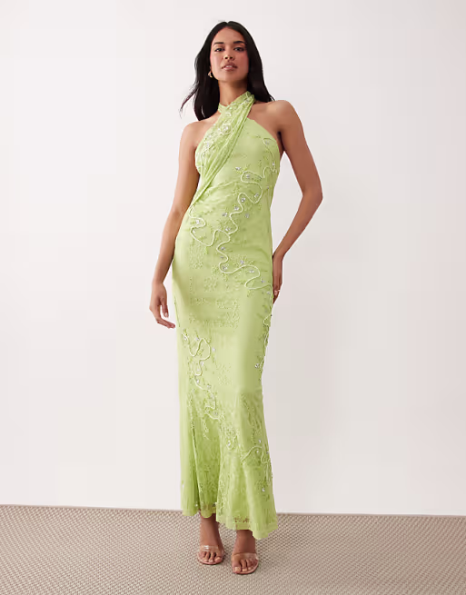 lace halter neck maxi dress with embroidered detail in green