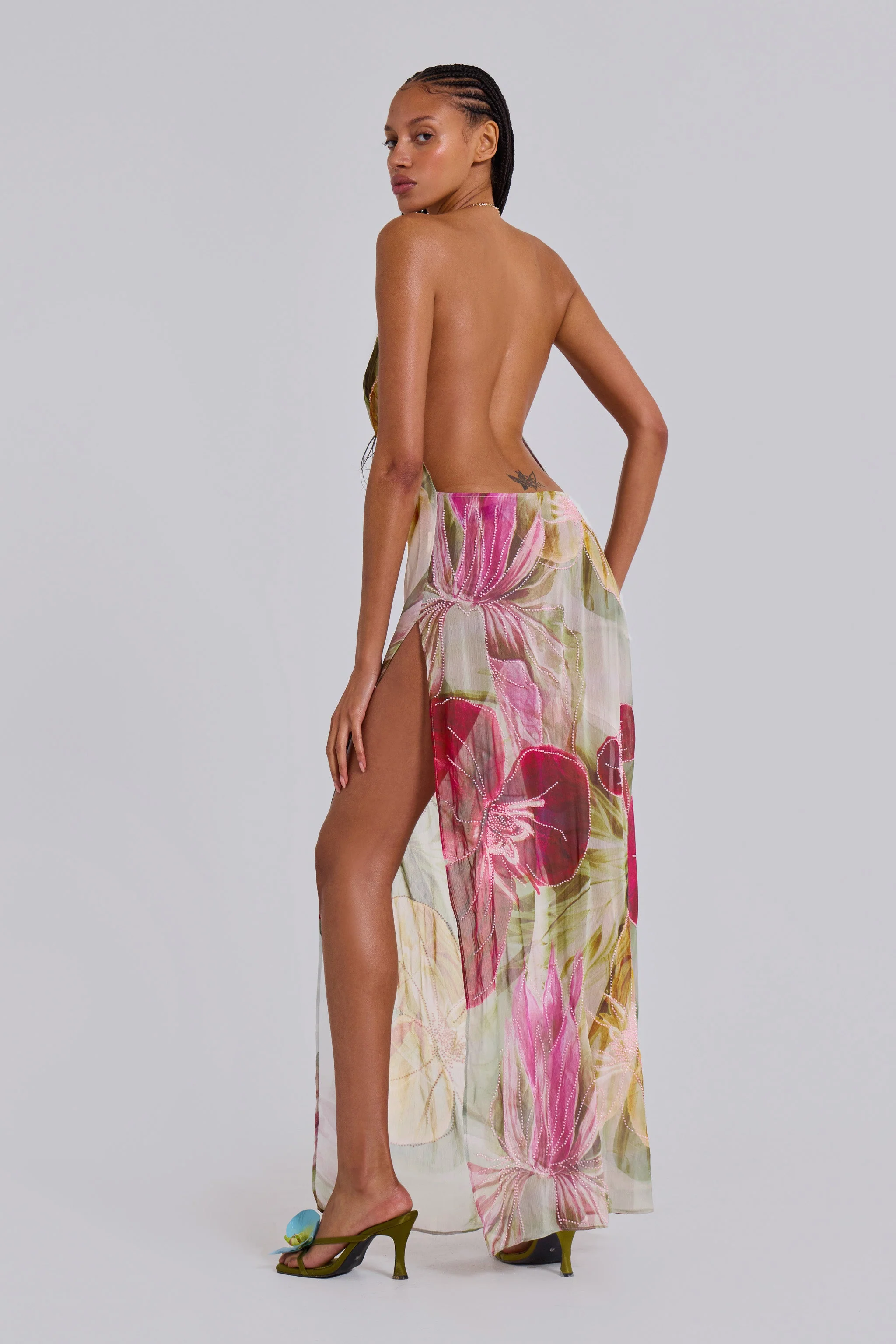 Dahlia Hand-Beaded Backless Chiffon Maxi Dress in Rosa