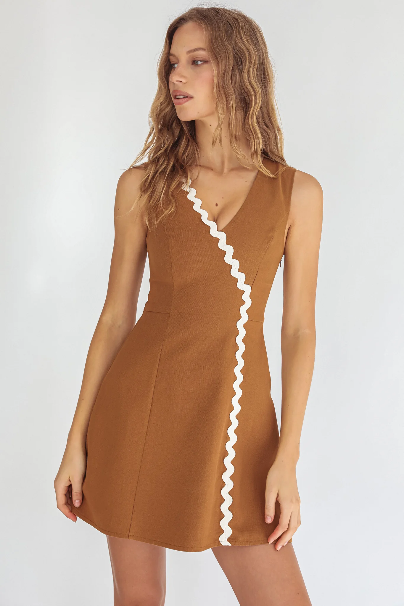 Make You Mine V-Neck Ric-Rac Mini Dress Brown