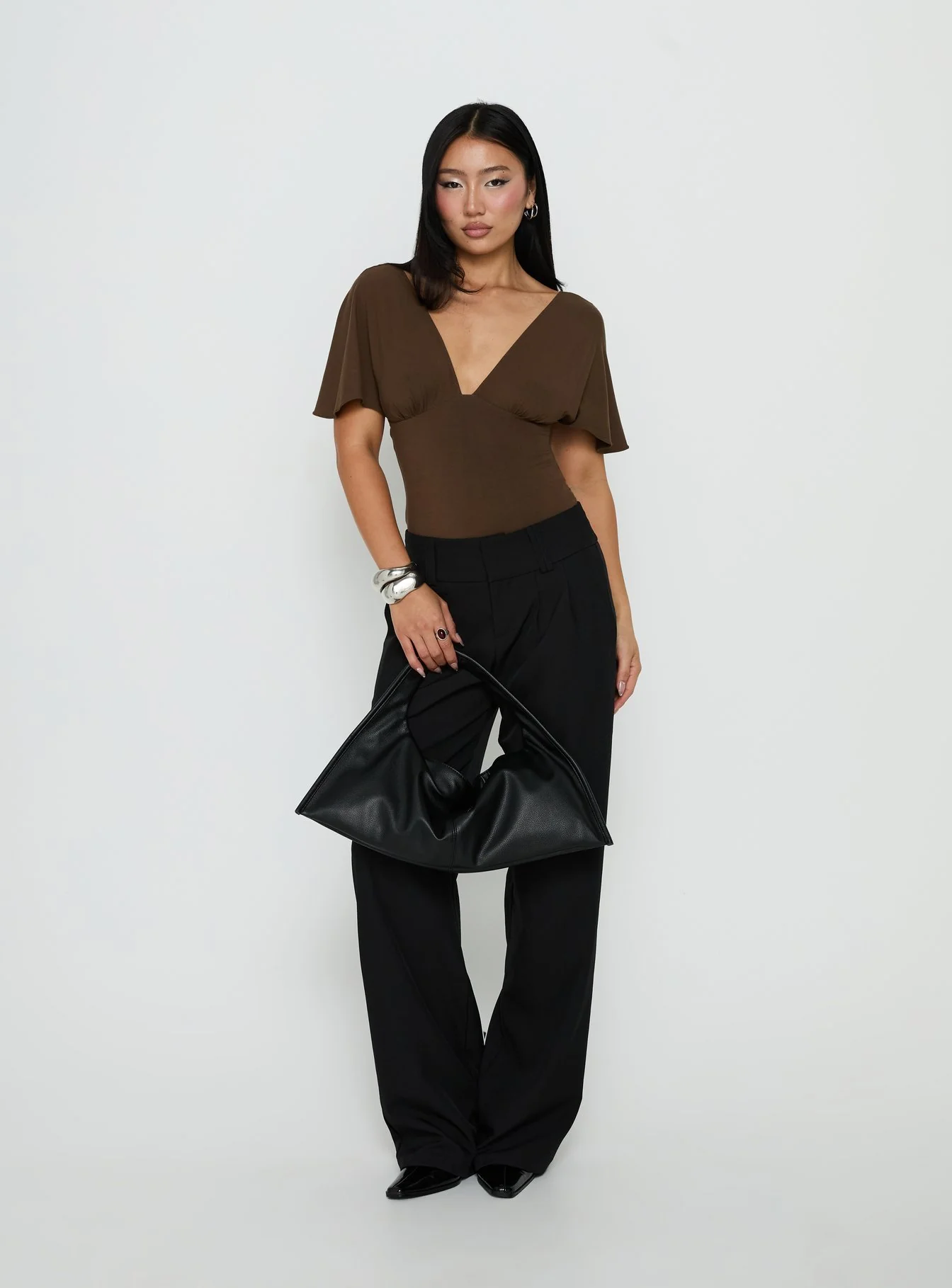 Yevenna Batwing Plunge Bodysuit Chocolate