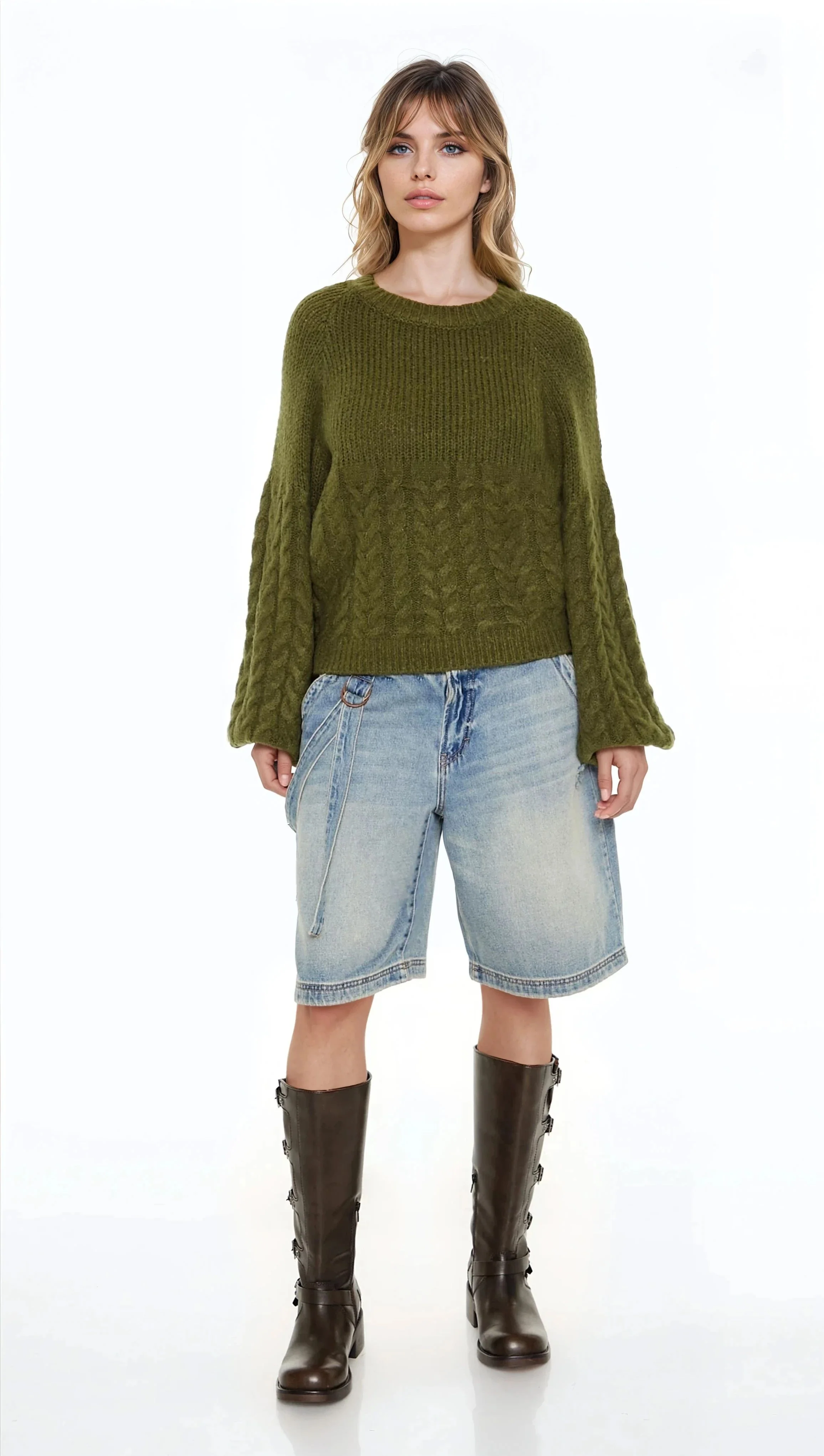 Peasant-Sleeve Cable Knit Sweater