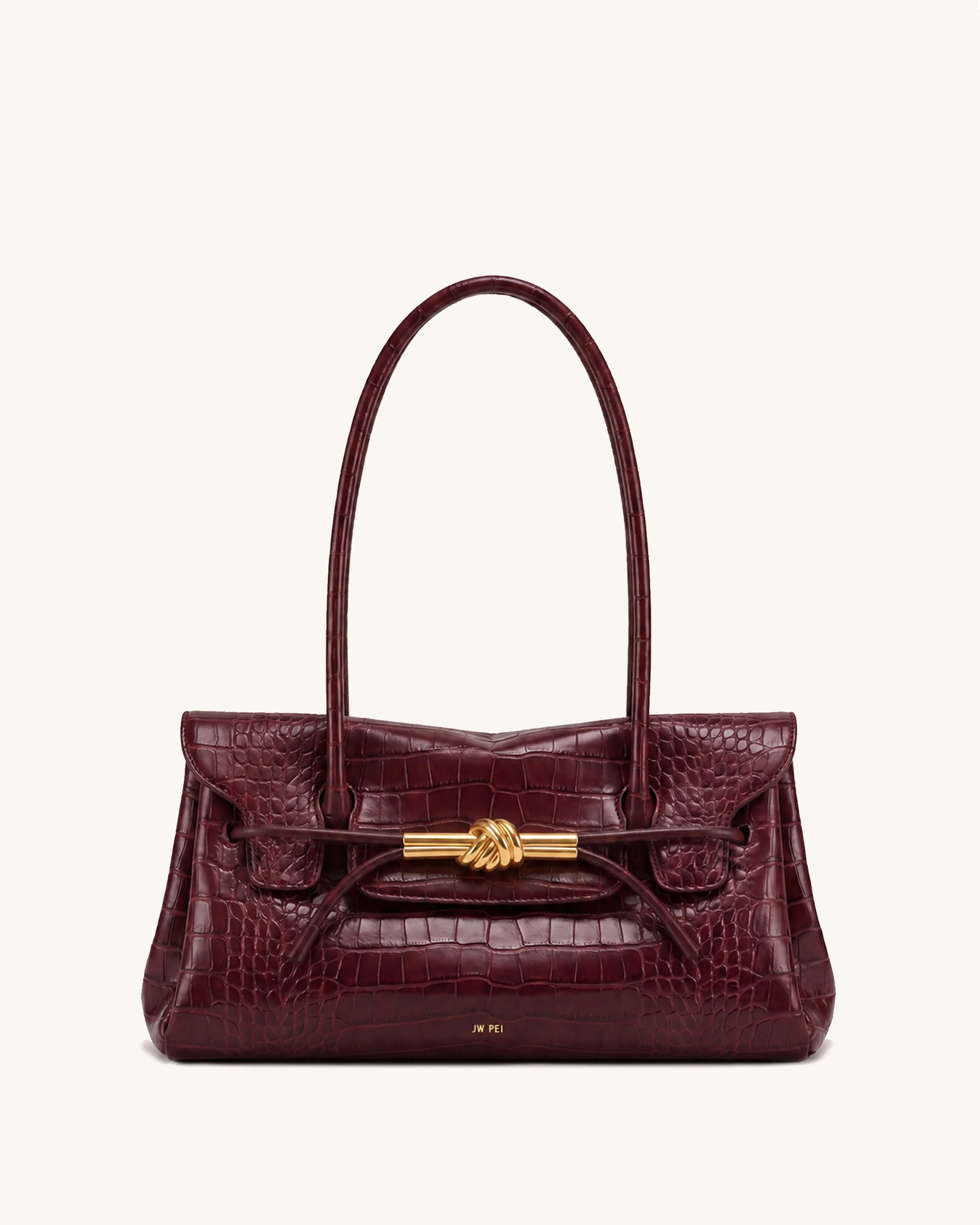 Lena Metal Rope Knot Flap Shoulder Bag - Burgundy Croc