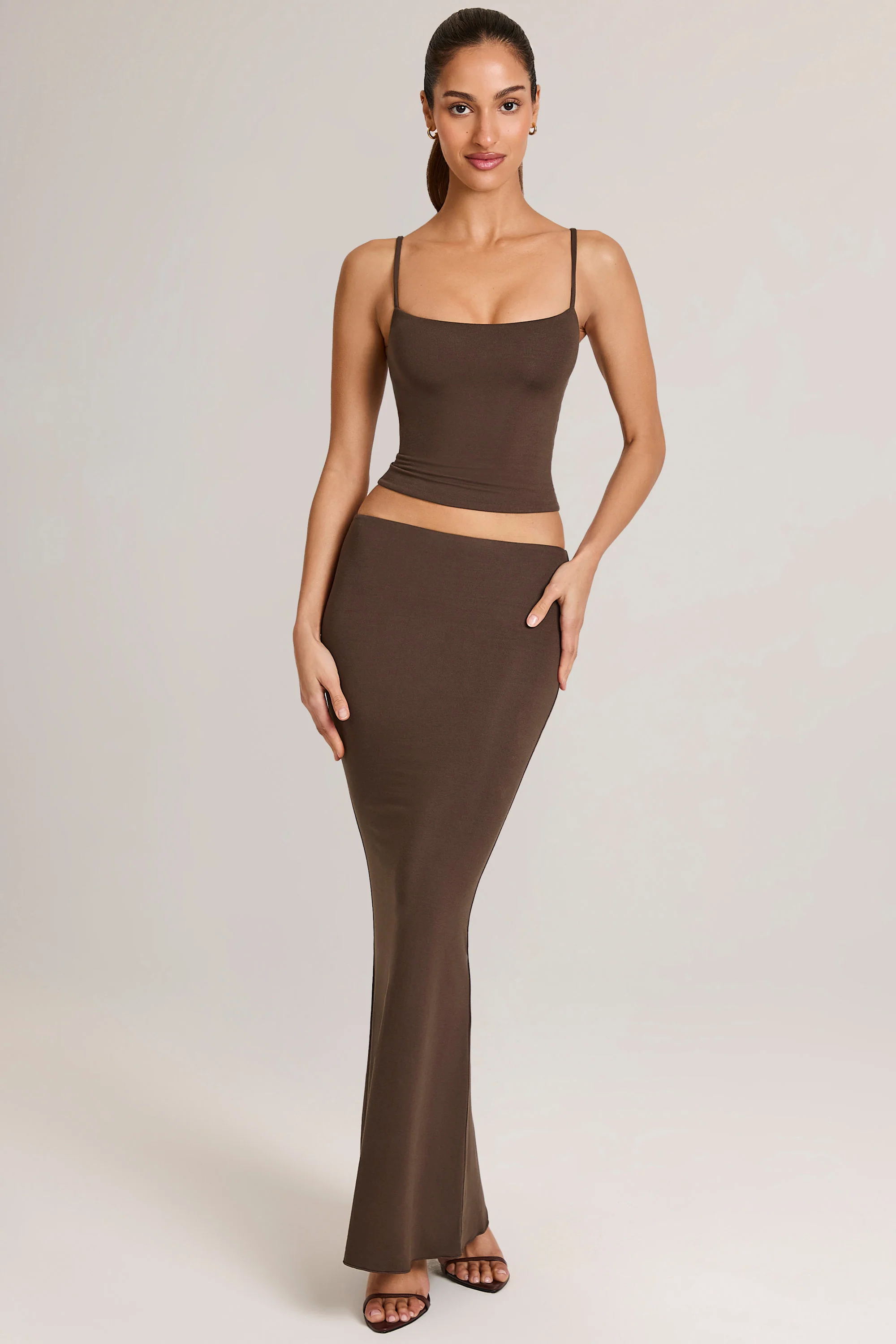Modal Mid-Rise Fishtail Maxi Skirt in Chocolate Brown