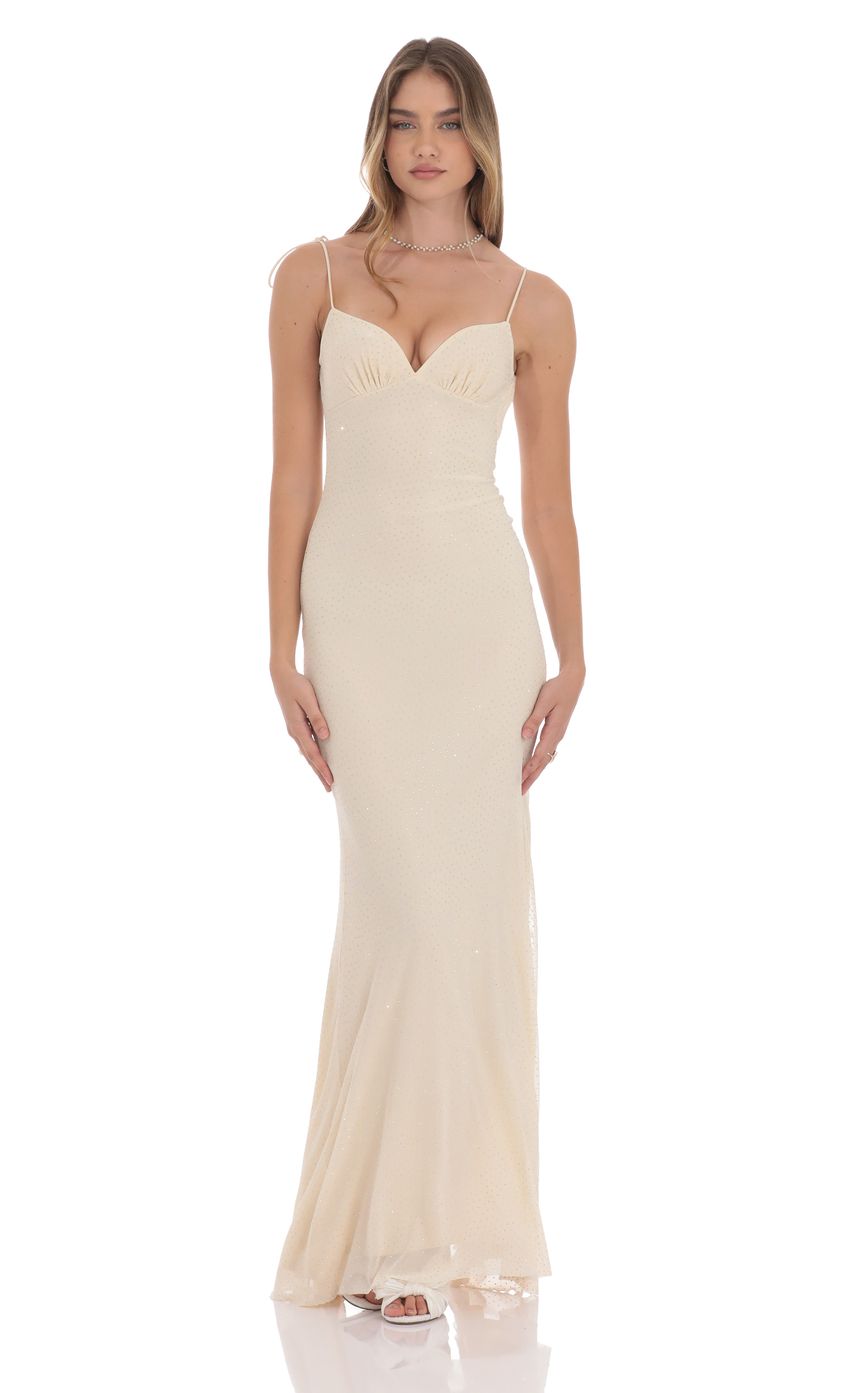 Rhinestone Mesh Open Back Maxi Dress in Beige