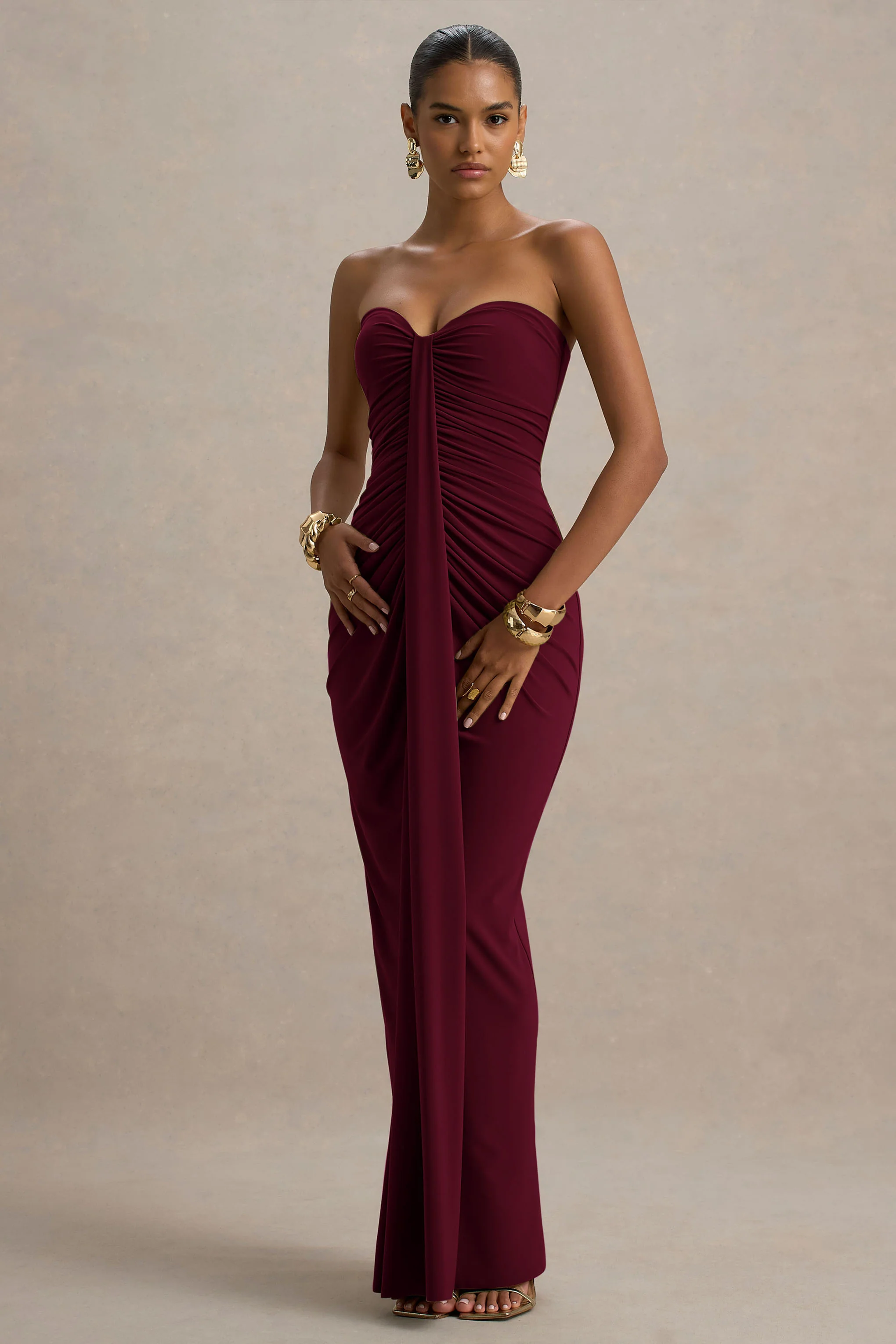 Ali | Burgundy Sweetheart Ruched Wrap Maxi Dress