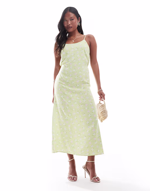 Miss Selfridge Petite strappy scoop neck maxi slip dress in green floral