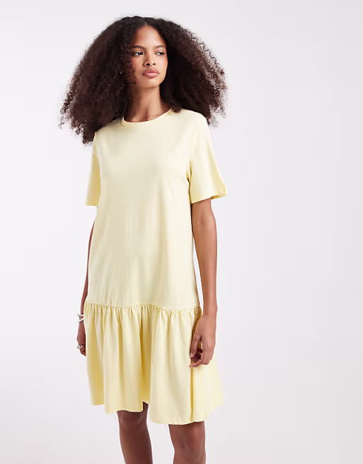 Pieces drop waist short sleeve mini dress in pale yellow