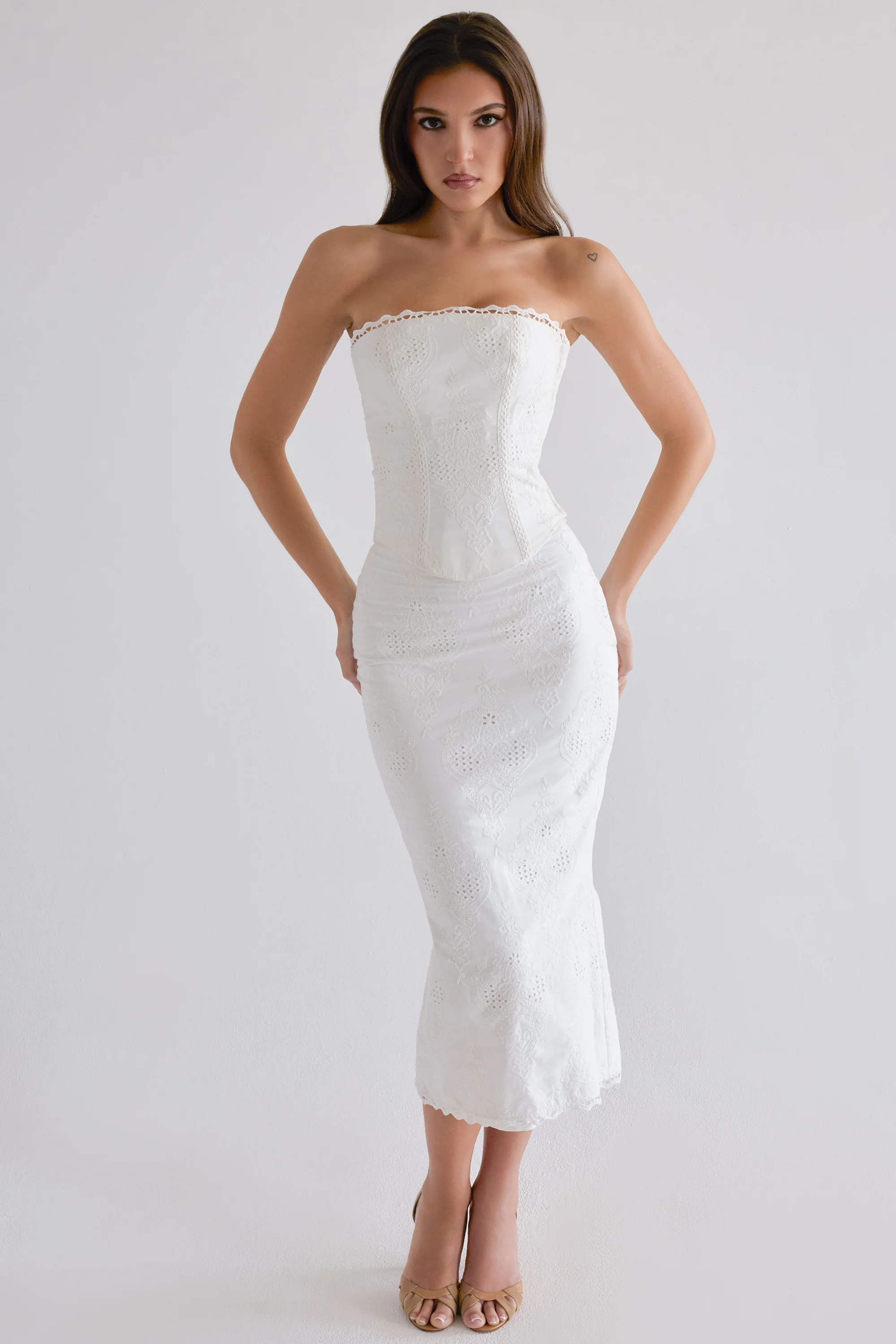 White Cotton Broderie Anglaise Midi Skirt