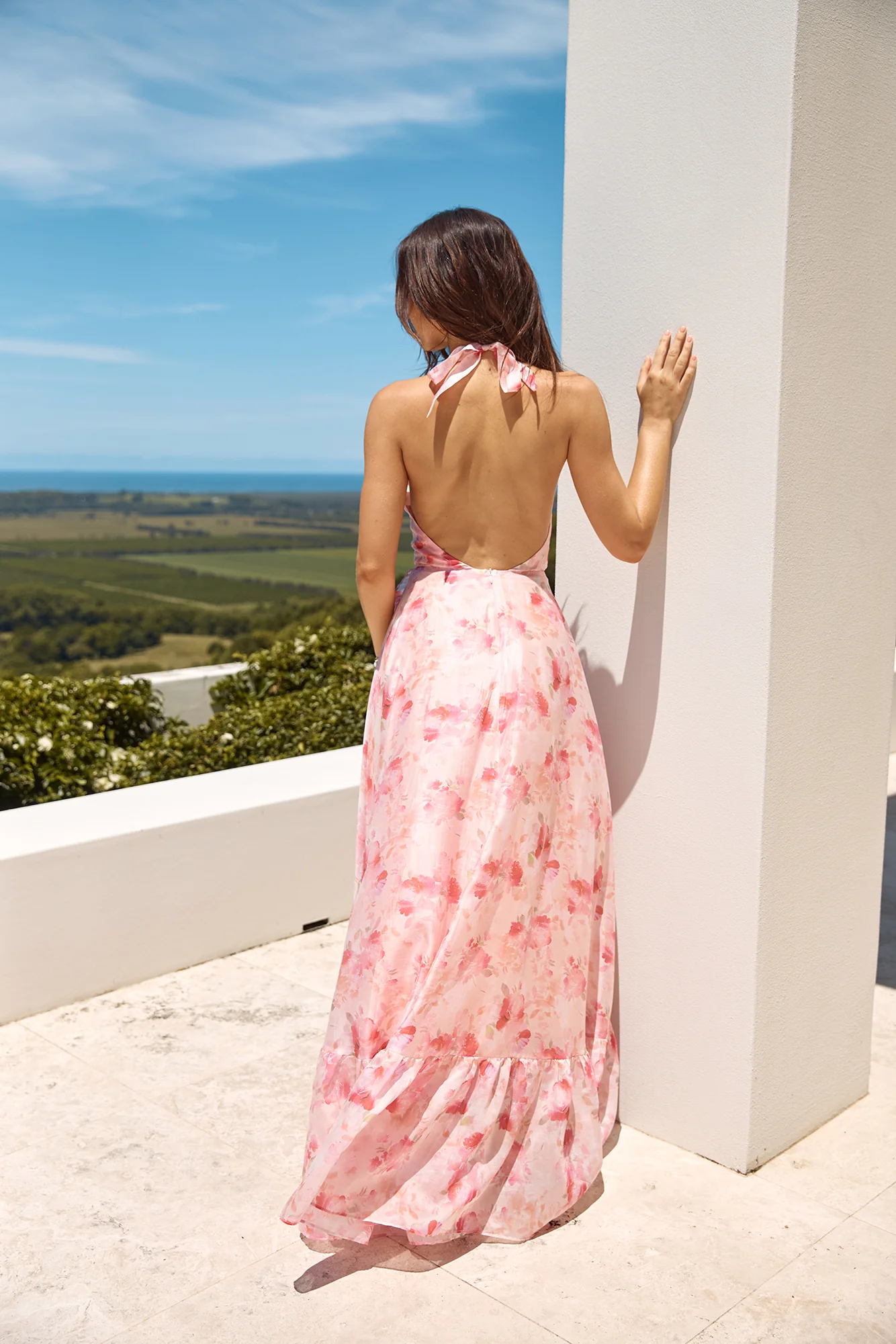 Palm Tree Island Halter Maxi Dress Pink