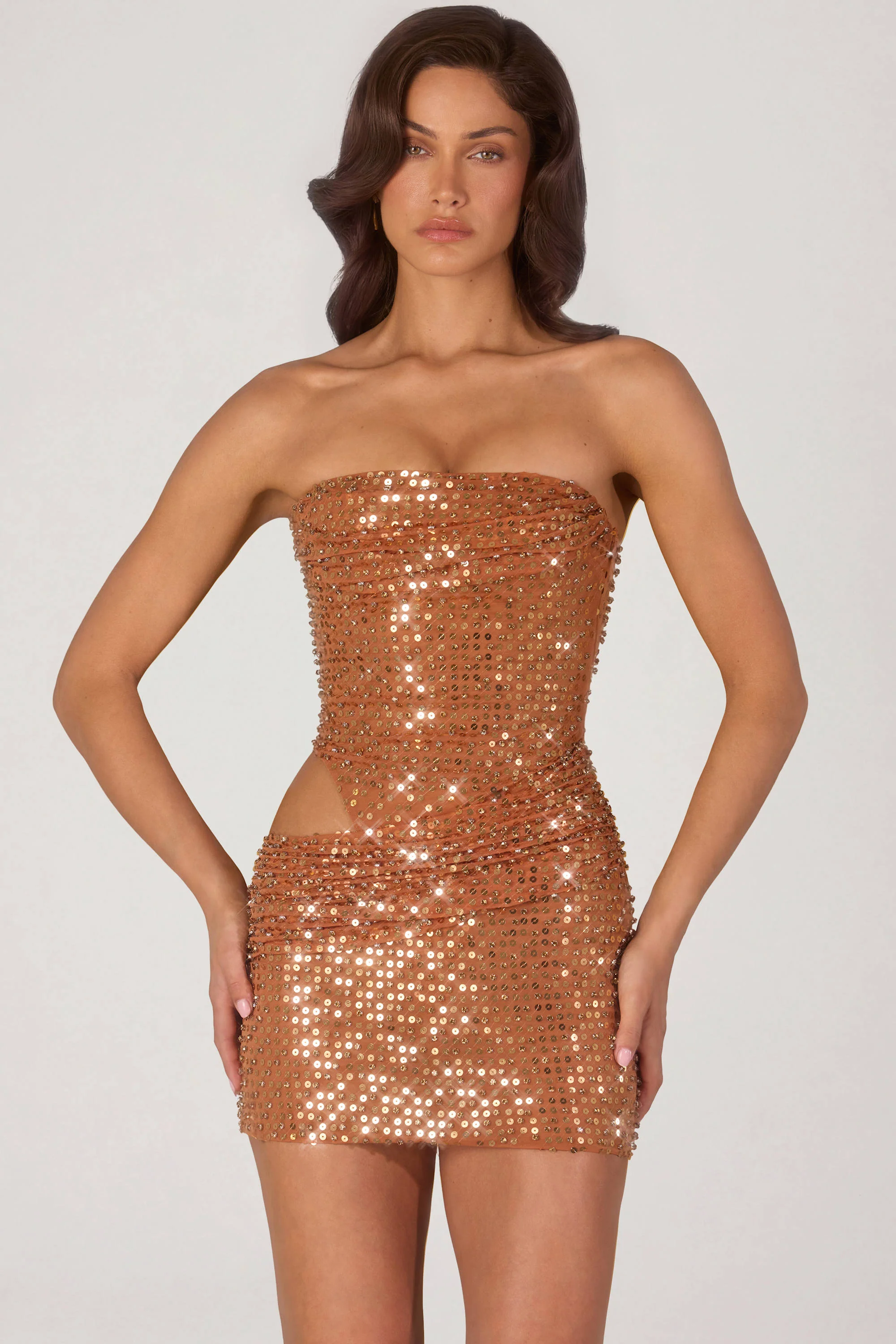 Embellished Cut-Out Mini Dress in Bronze