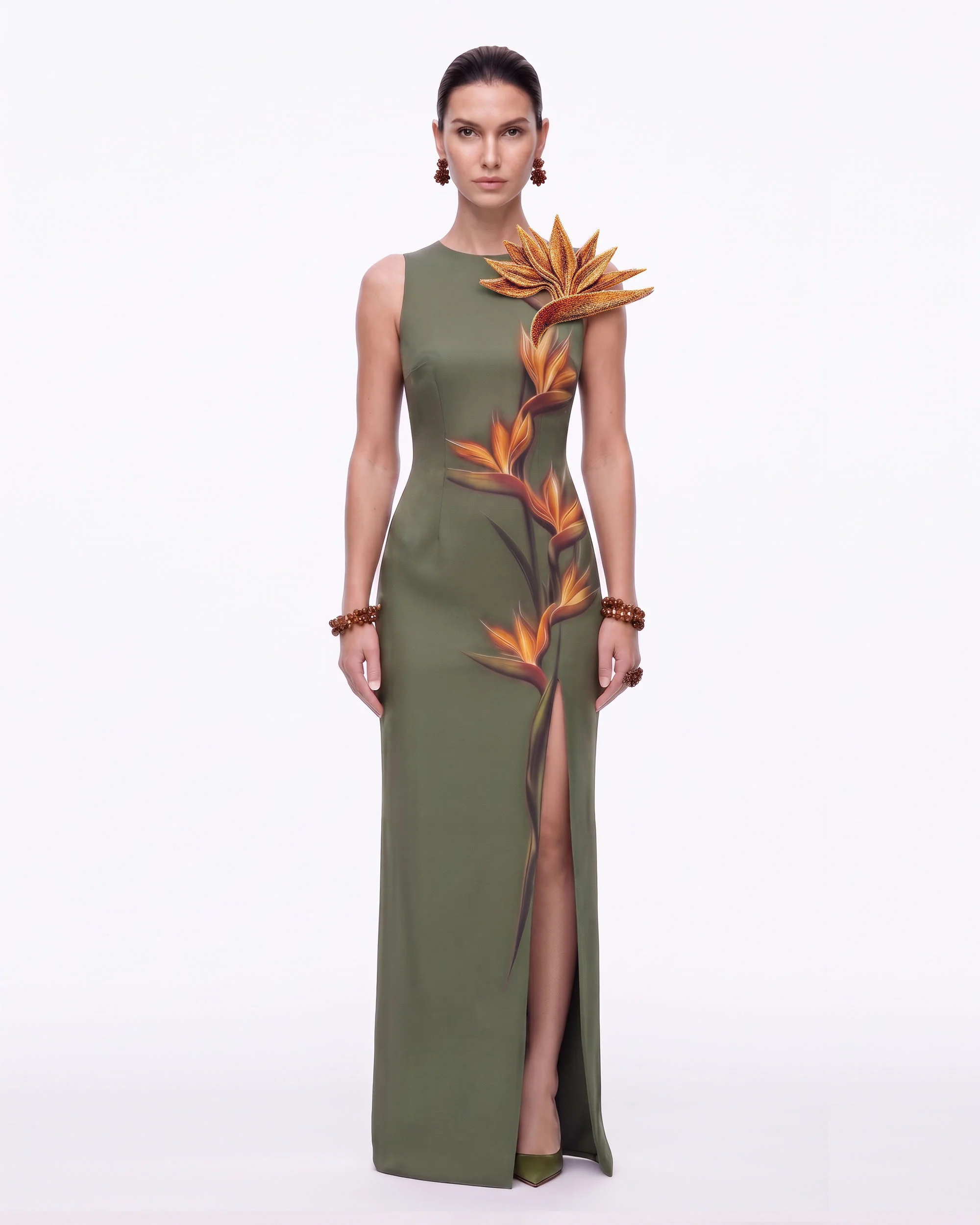 Bird of Paradise Appliqué Slit Maxi Dress - Olive Green