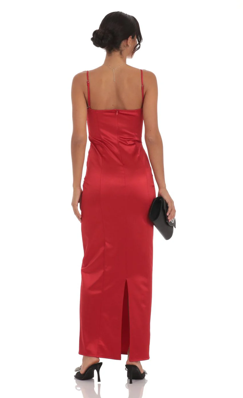 Satin Front Bow Maxi Dress in Red - luluinthesky