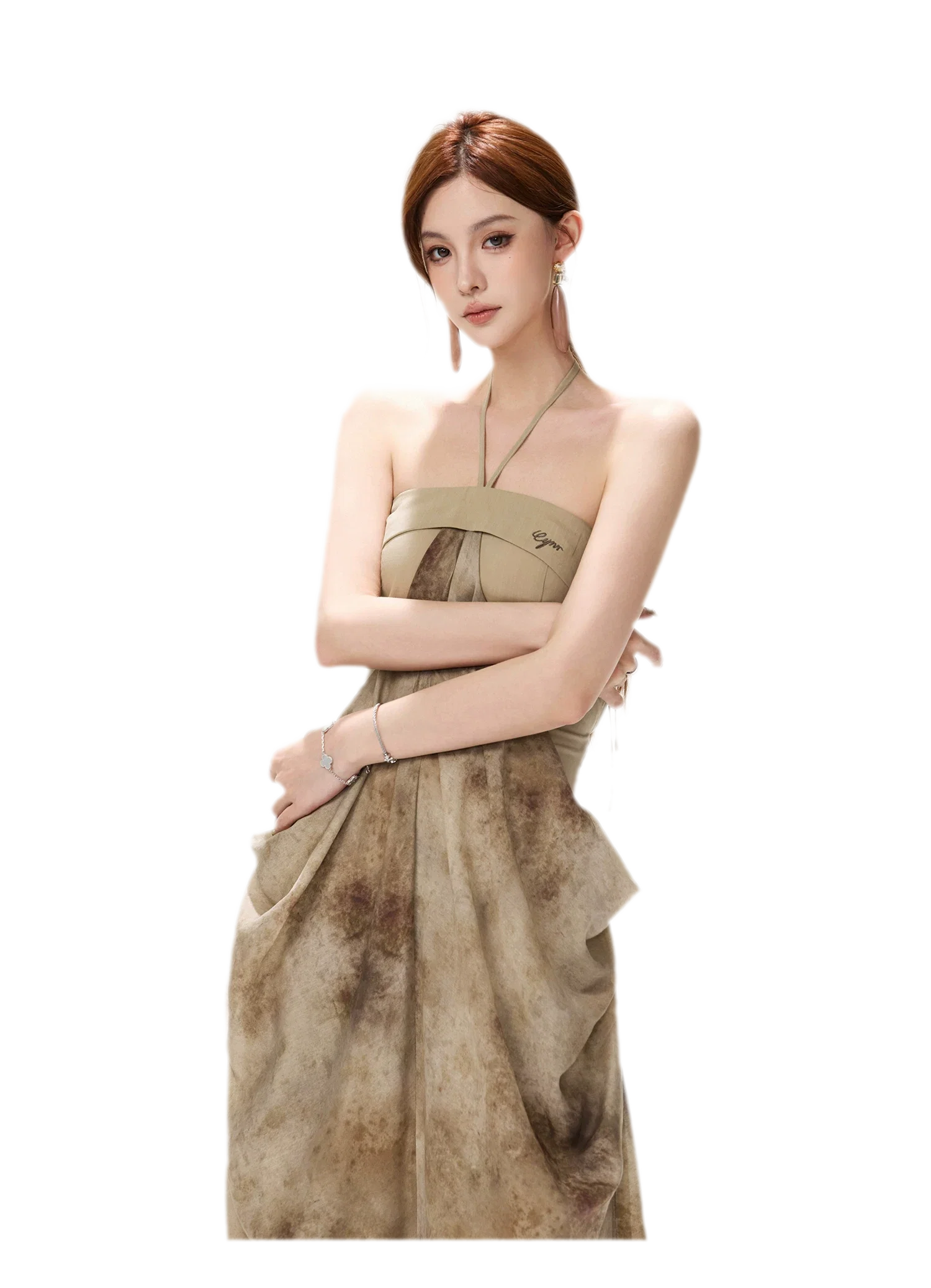 Ink-Wash Pleated Halter Dress