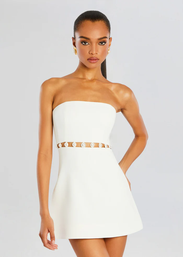 Elegant Strapless White Mini Dress with Pearl Waist Detail