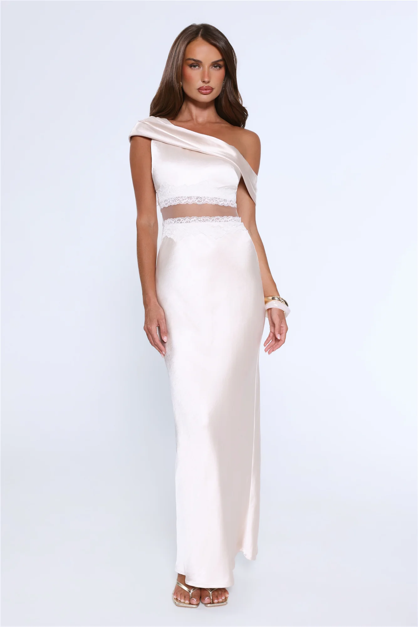 Under Candlelights Off Shoulder Satin Maxi Dress Champagne