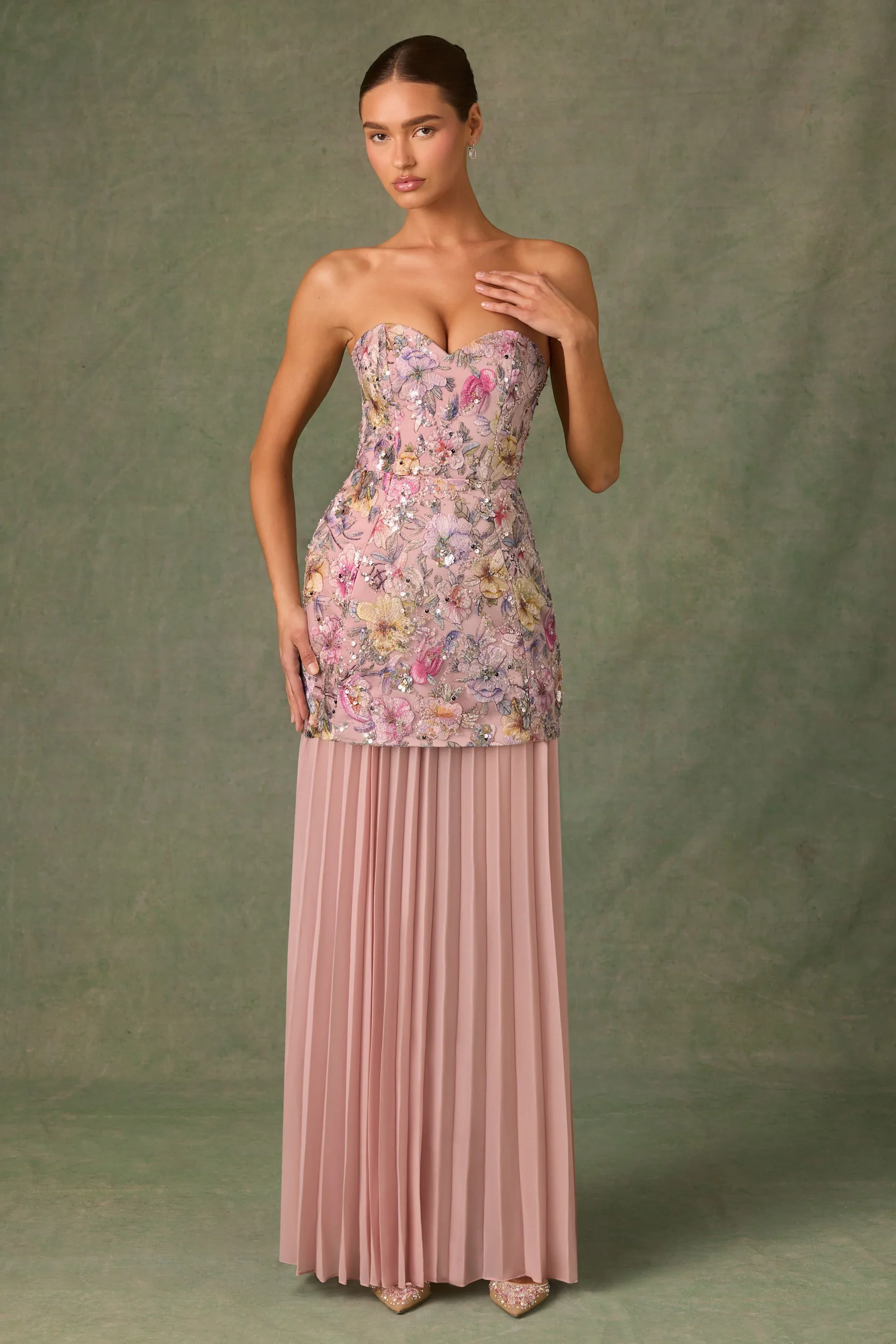 Embellished Convertible Lace-Up Gown in Floral Pink