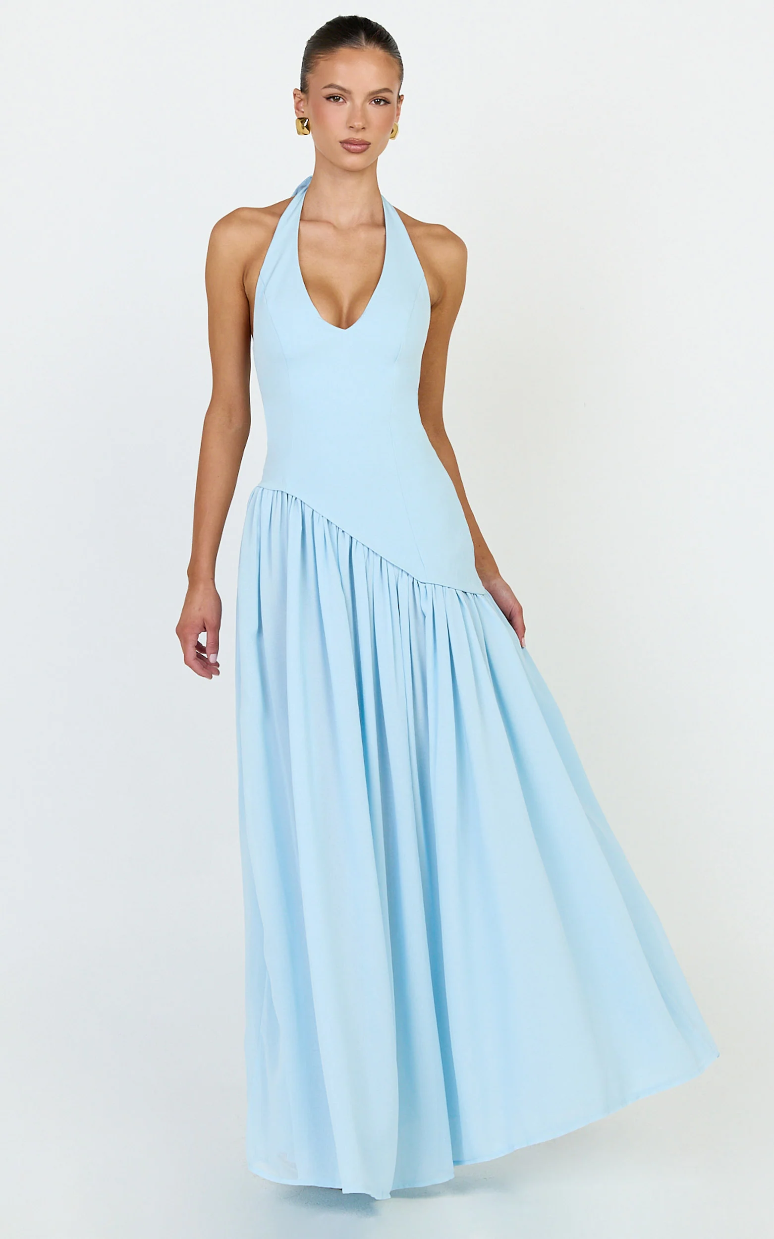 Calla Maxi Dress - Halter Neck Asymmetric Dropped Waist Dress in Blue