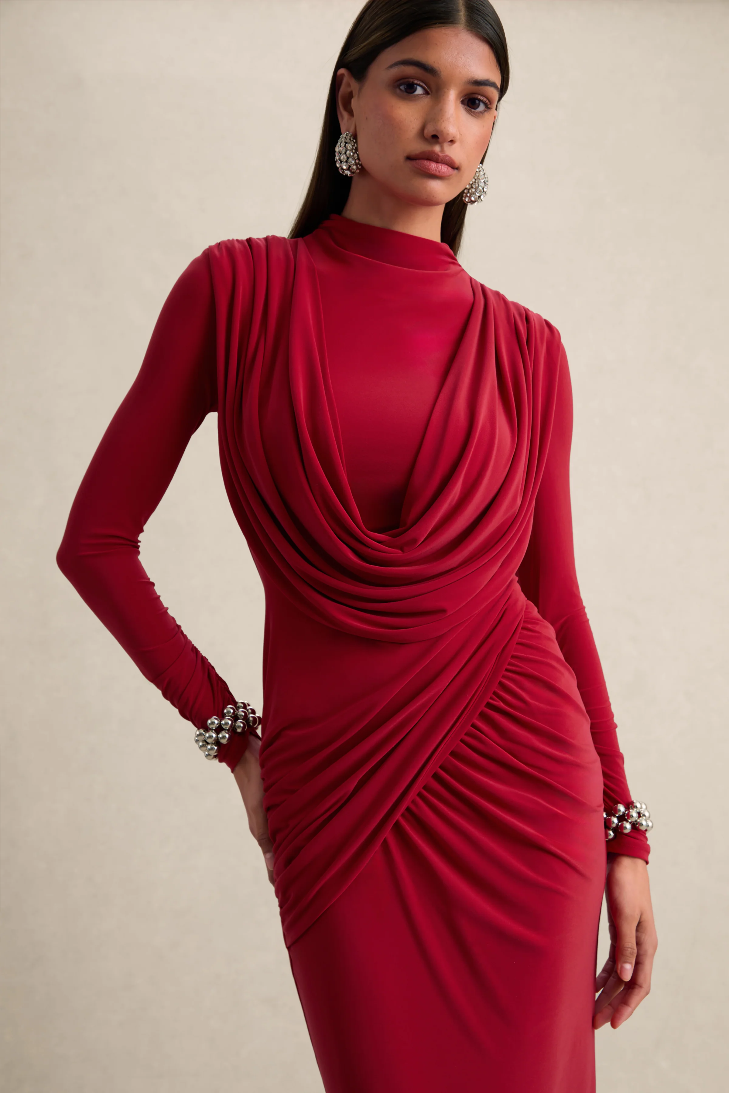 Karinthia | Red High-Neck Maxi Dress With Draped-Detailing