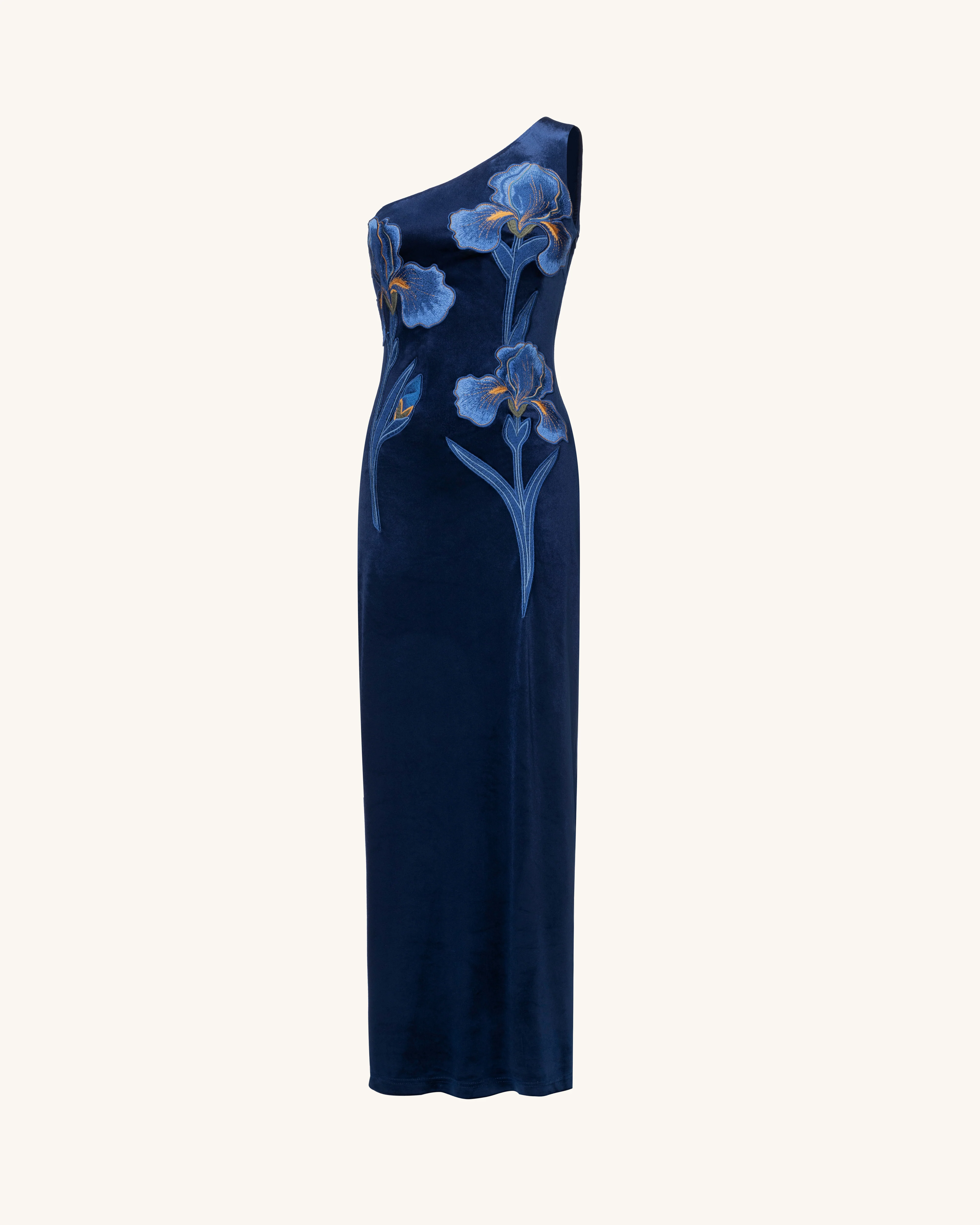 Iris Embroidered Velvet One Shoulder Maxi Dress - Navy Blue - FASHION NOB