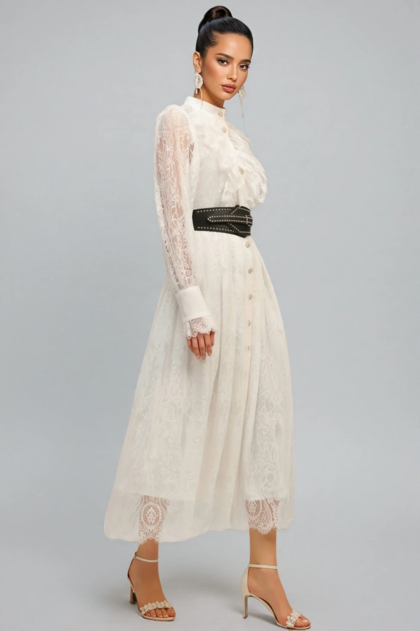 Starsha Long Sleeves Folds Lace Midi Dress