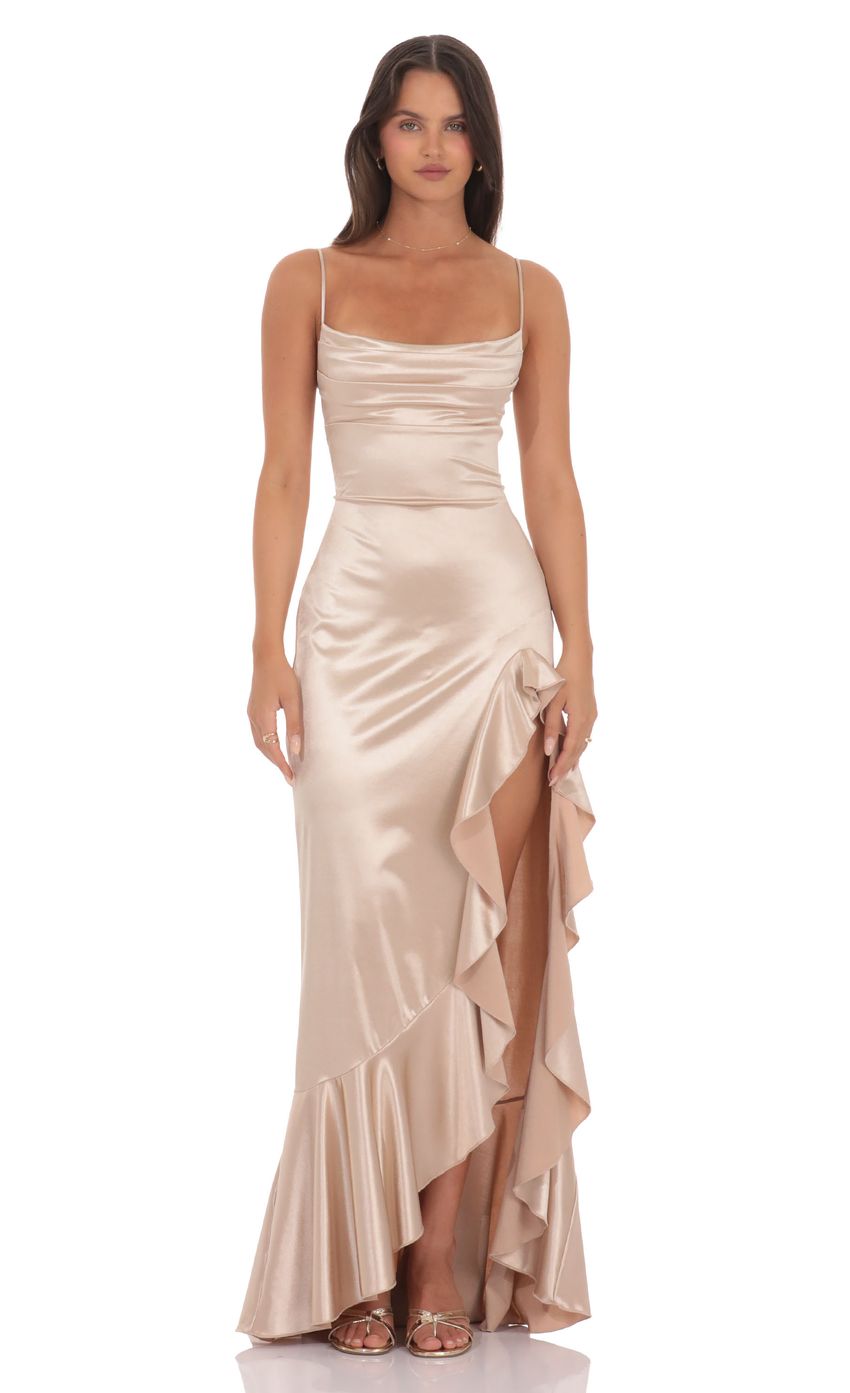 Satin Ruffle Maxi Dress in Champagne