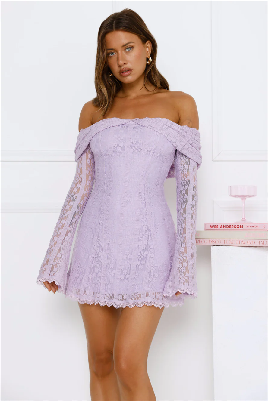 Starlit Dreams Lace Off Shoulder Mini Dress Lilac
