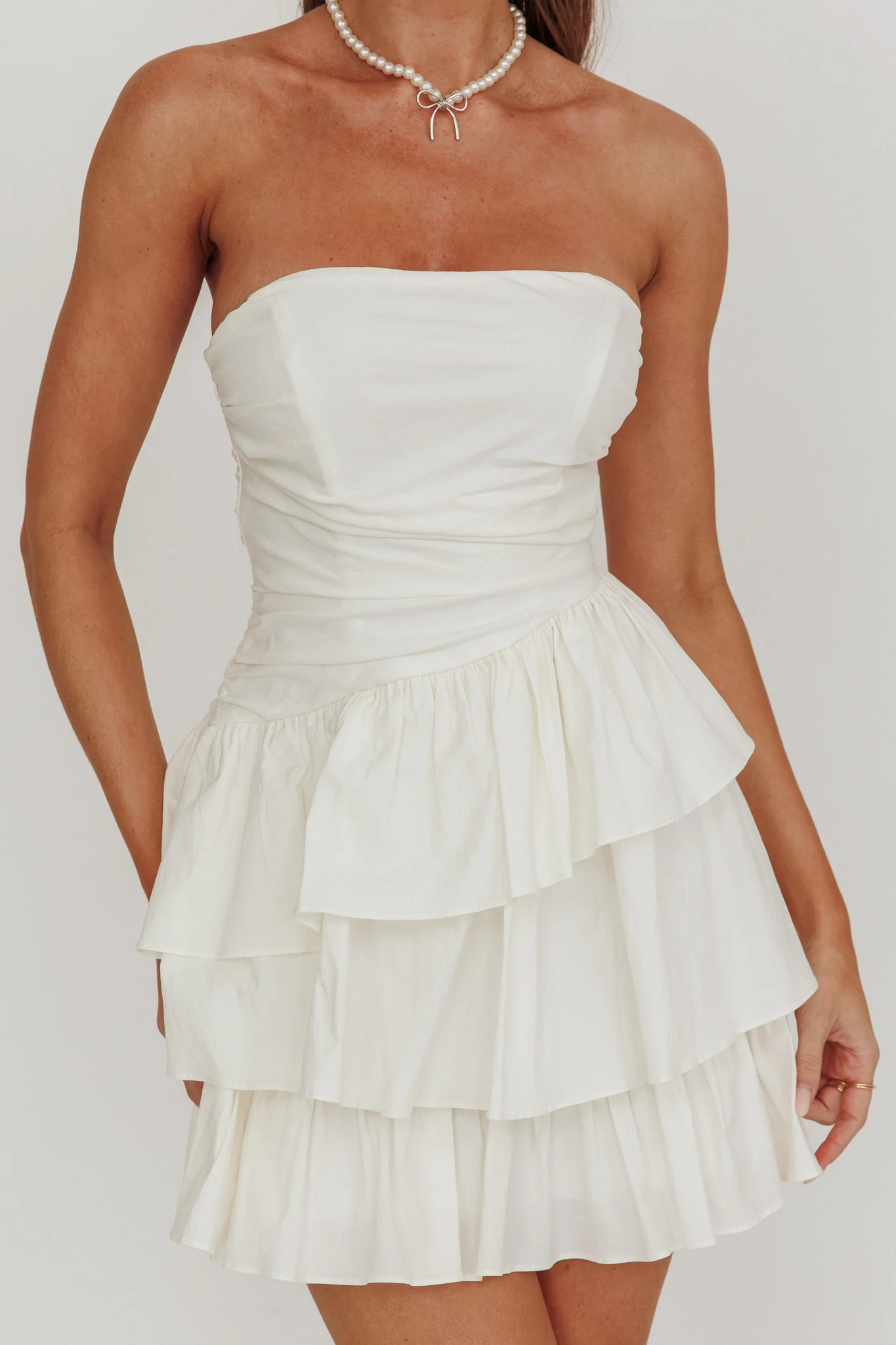 Destini Strapless Layered Frill Mini Dress Off White - luluinthesky