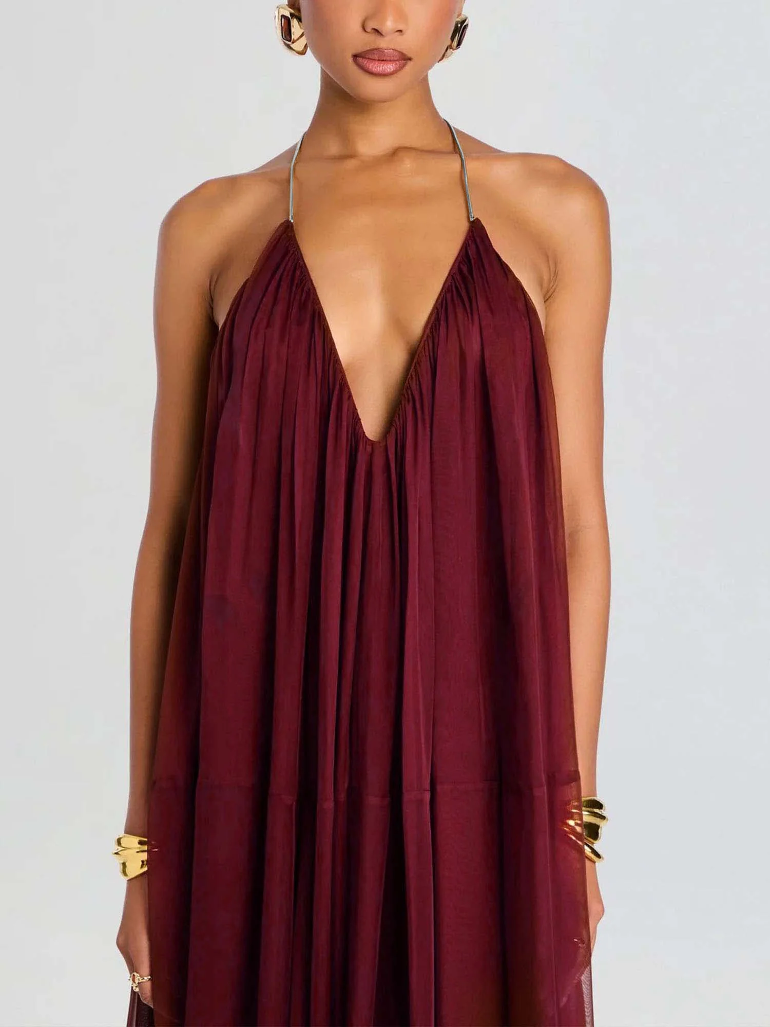 Sheer Draped Maxi Dress