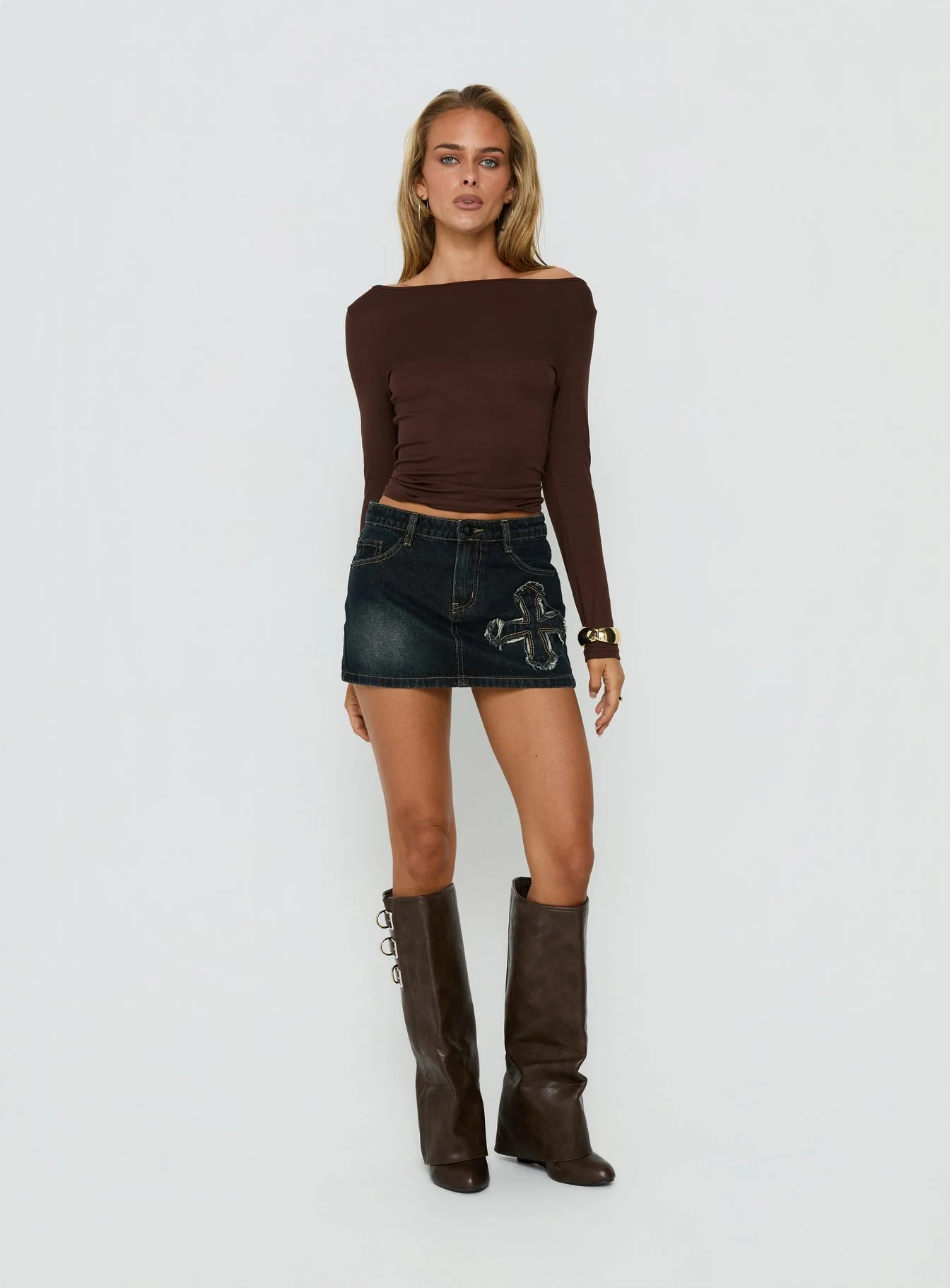 Barracuda Applique Denim Mini Skirt Grunge Wash