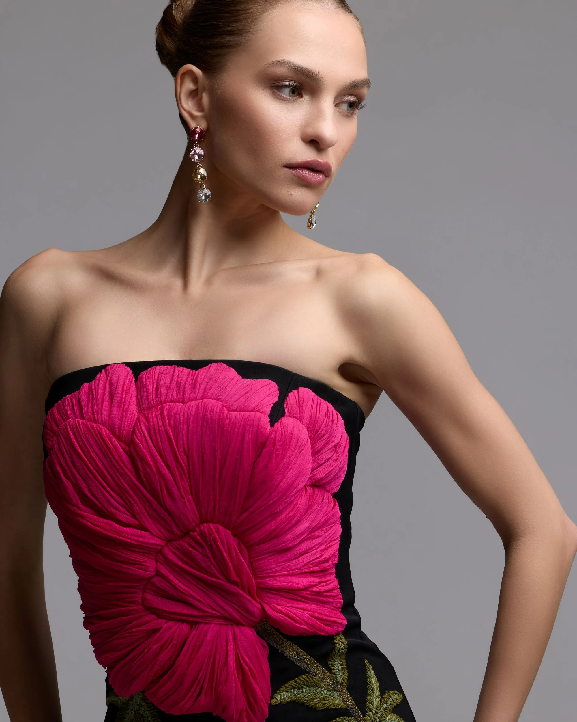 Black Strapless Floral Embroidered Midi Dress - FASHION NOB