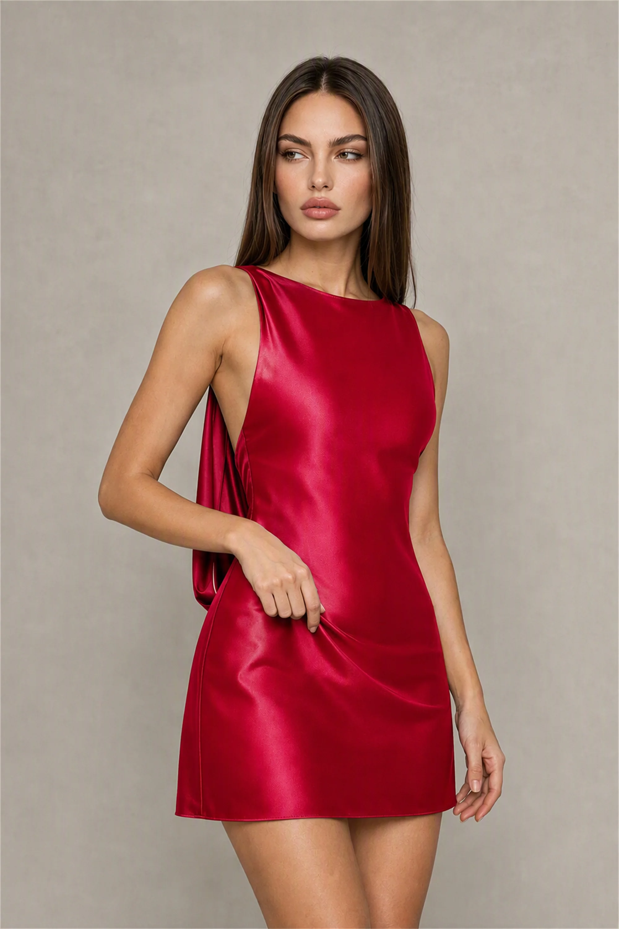 BOLODOO Burgundy Satin Bateau Neck Cowl Open Back Pearl Chain Mini Dress | Cocktail Party Date Night Dress