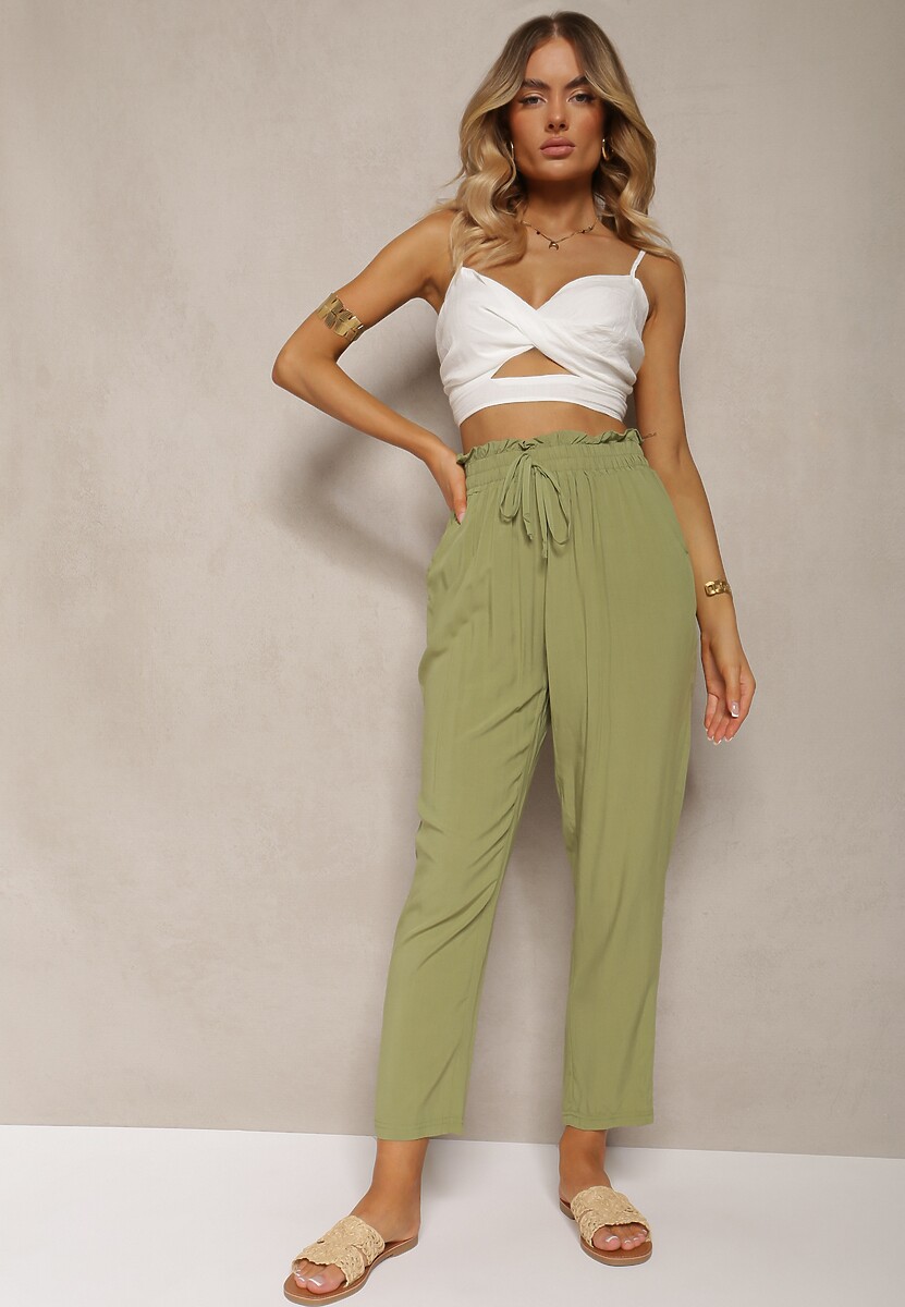 Zielone Spodnie z Bawełny Typu Paper Bag High Waist z Gumką w Talii Kitanea
