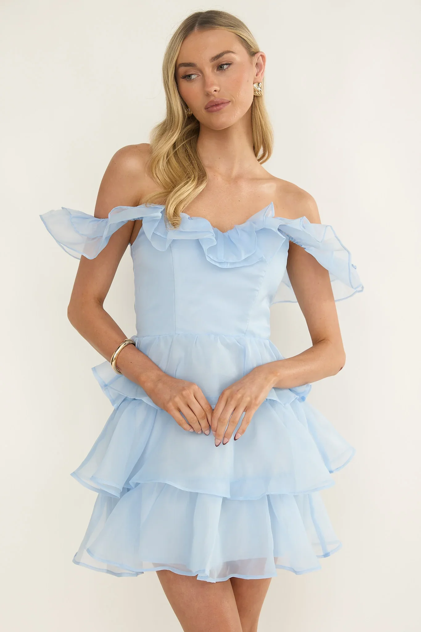 Rosira Off-Shoulder Ruffle Mini Dress Sky Blue