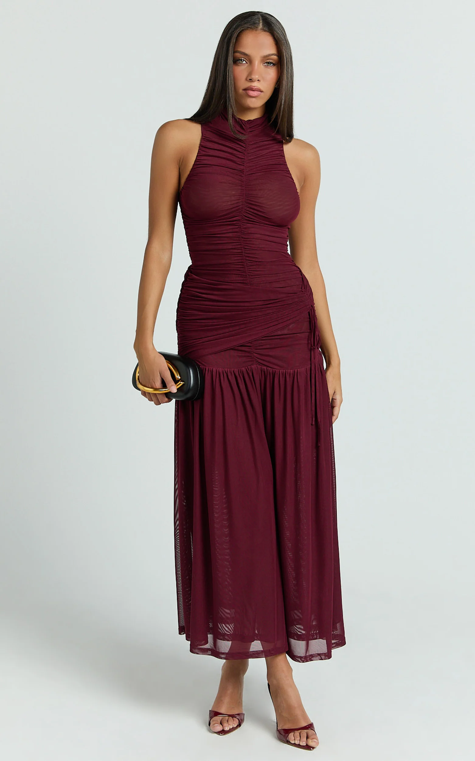Metzie Midi Dress - High Neck Gathered Mesh Dress in Burgundy