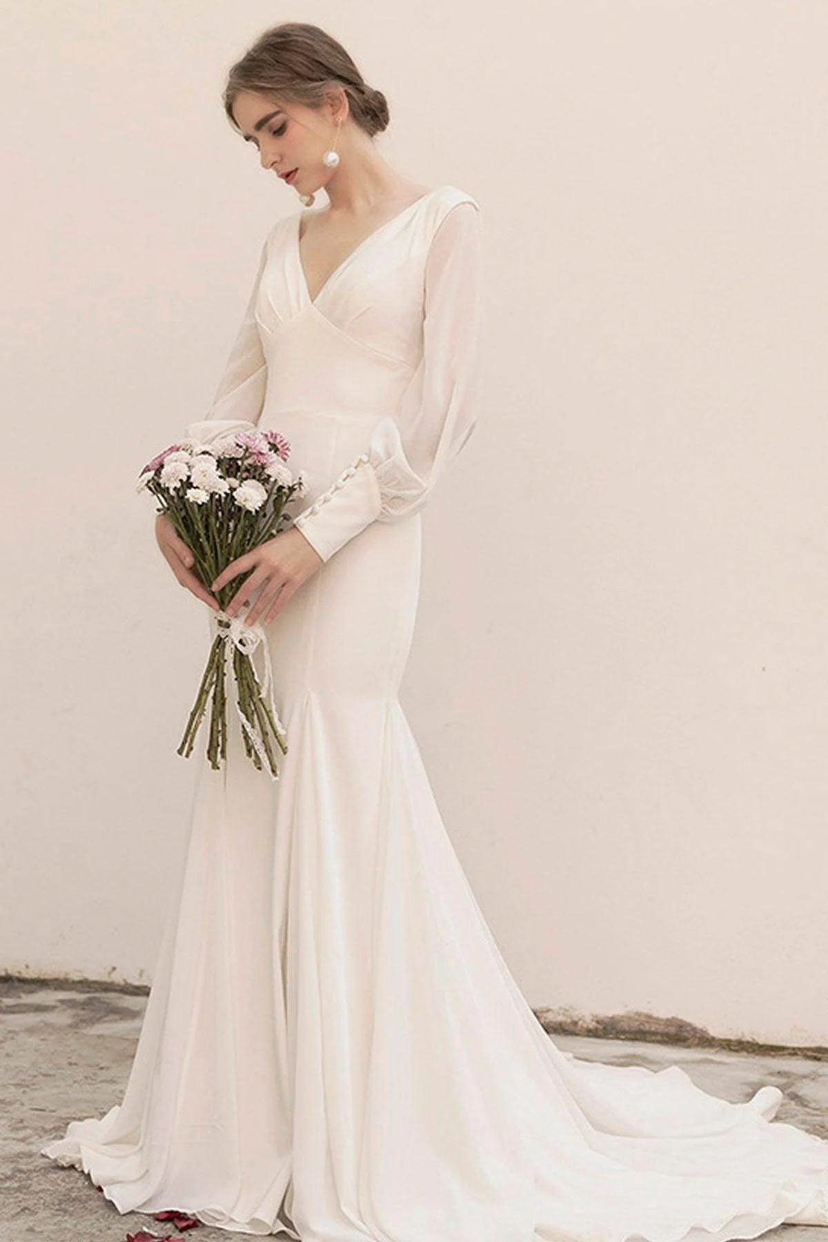 Sweep-Brush Train Satin Chiffon Wedding Dress CW3038