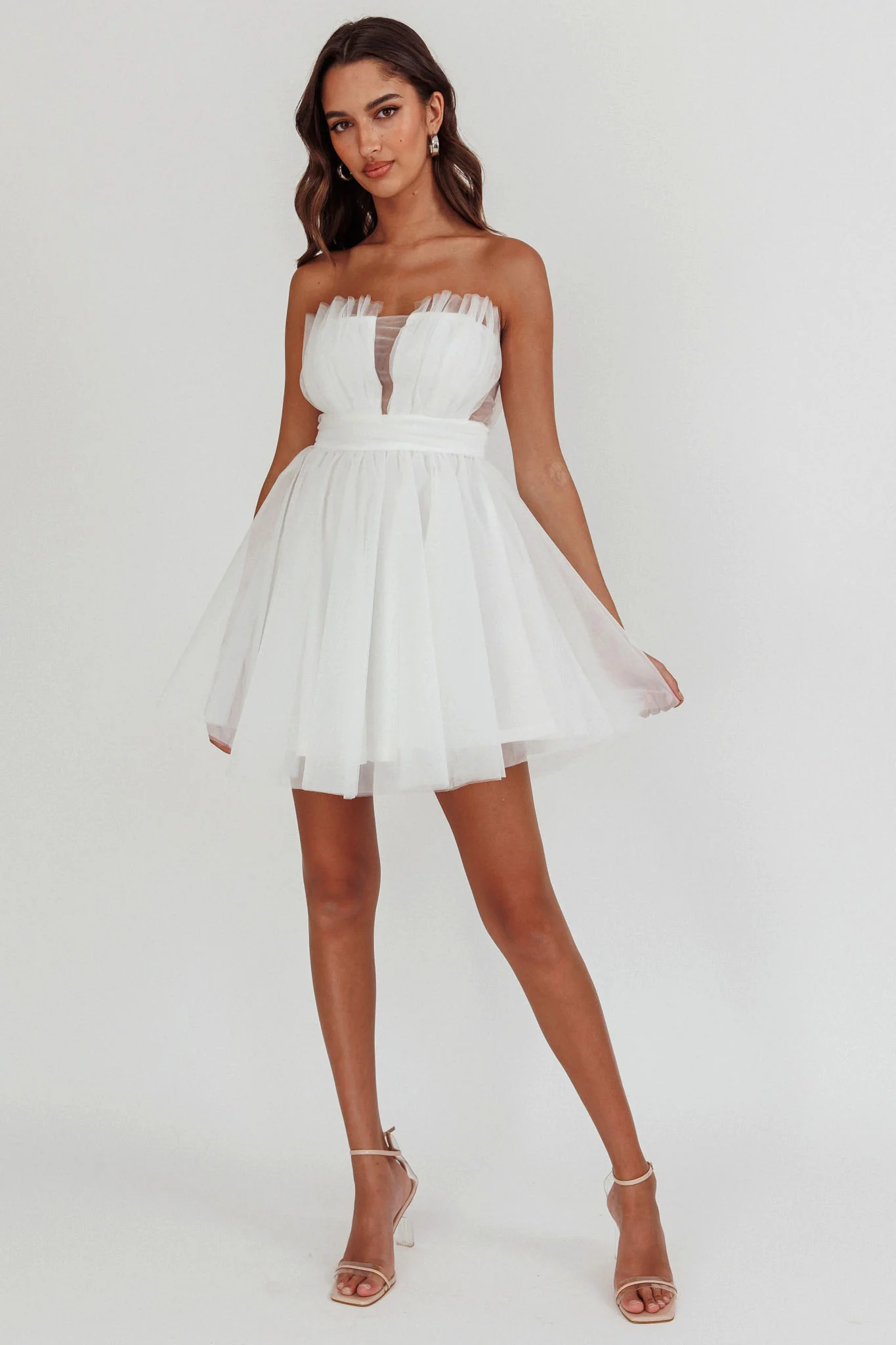 Touch The Stars Gathered Mesh Mini Dress White