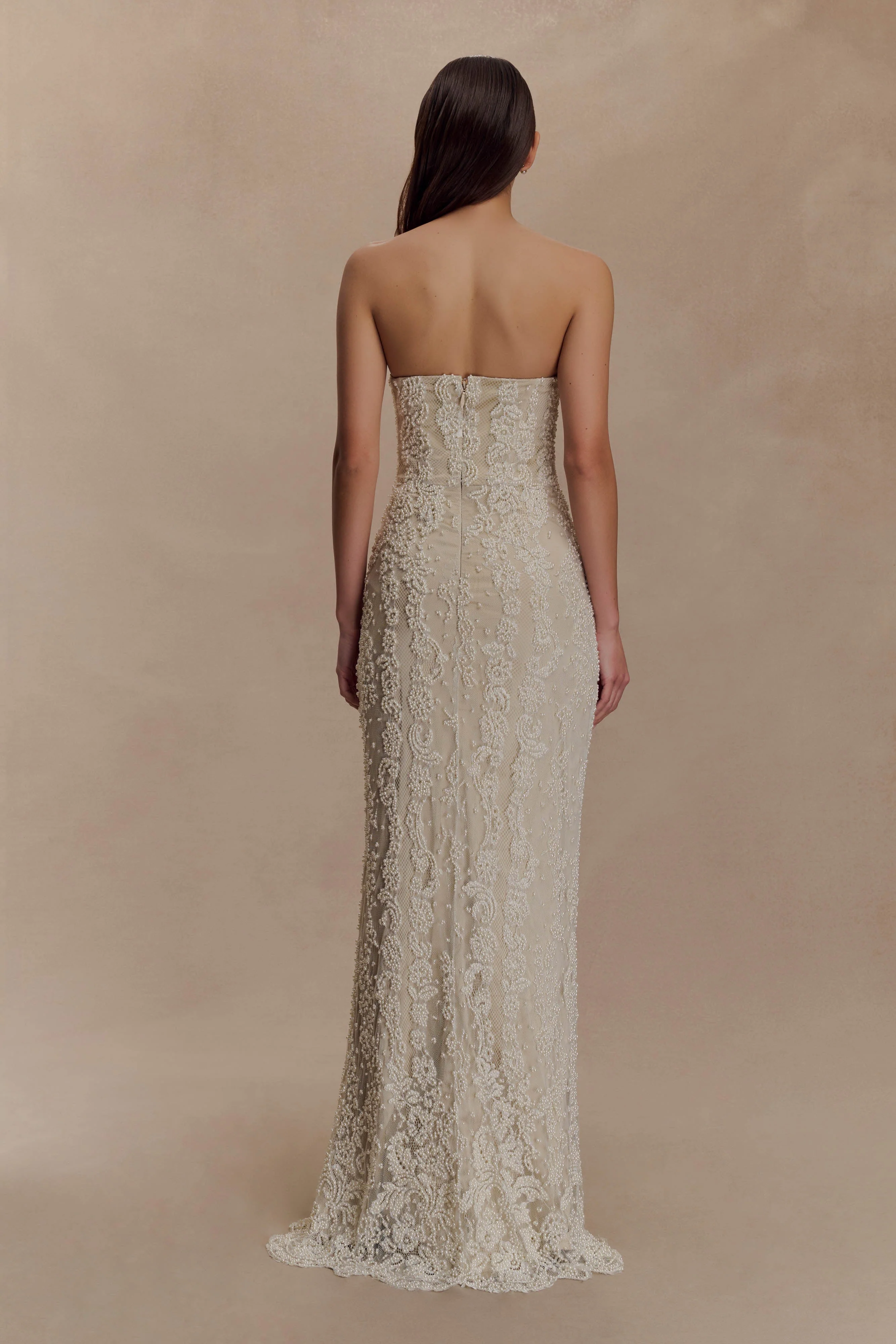Eva Hand Beaded Pearl & Lace Maxi Dress - White