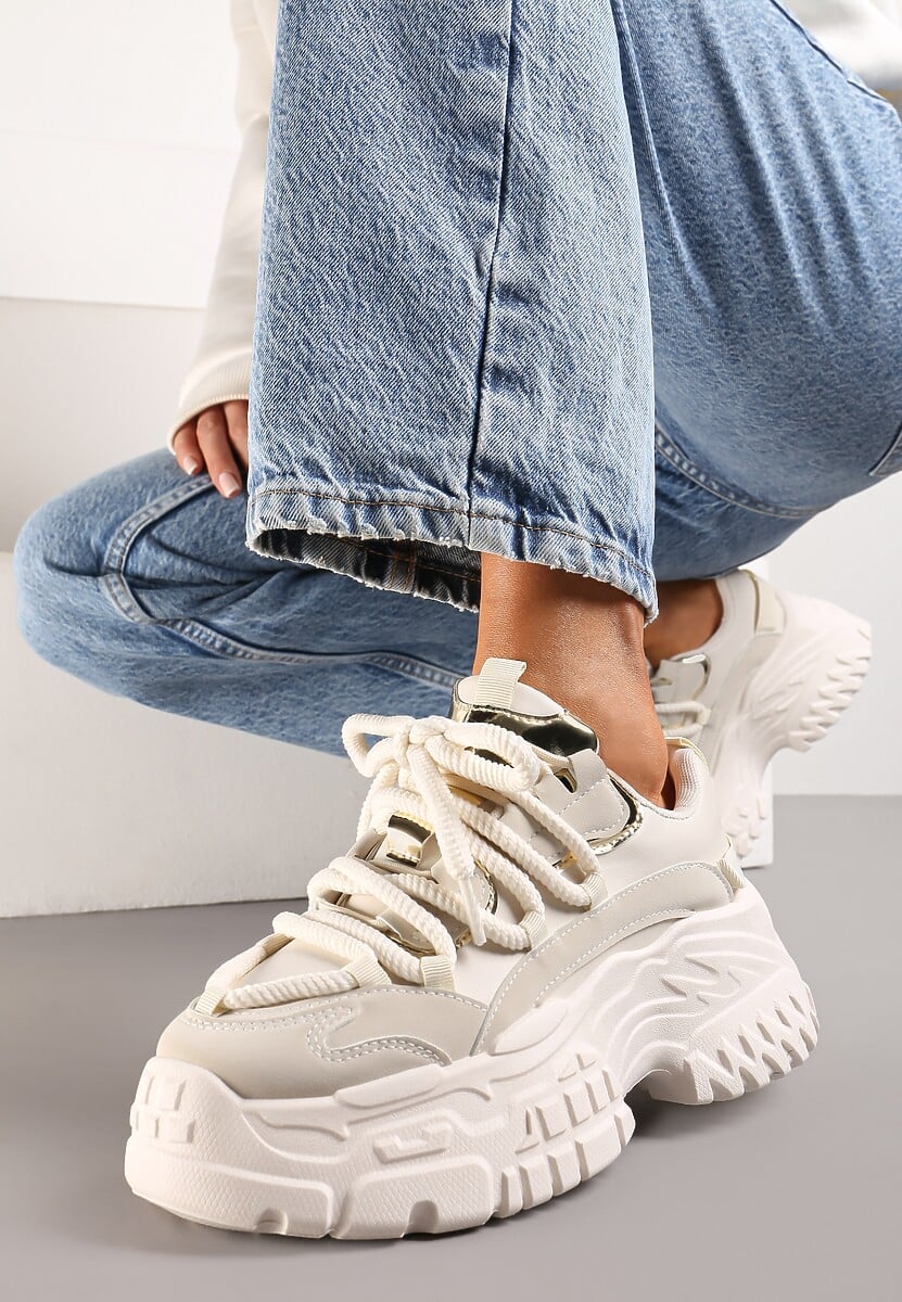 Ciemnobeżowe Sneakersy z Podwójnymi Sznurówkami i Tłoczoną Platformą Luppoa
