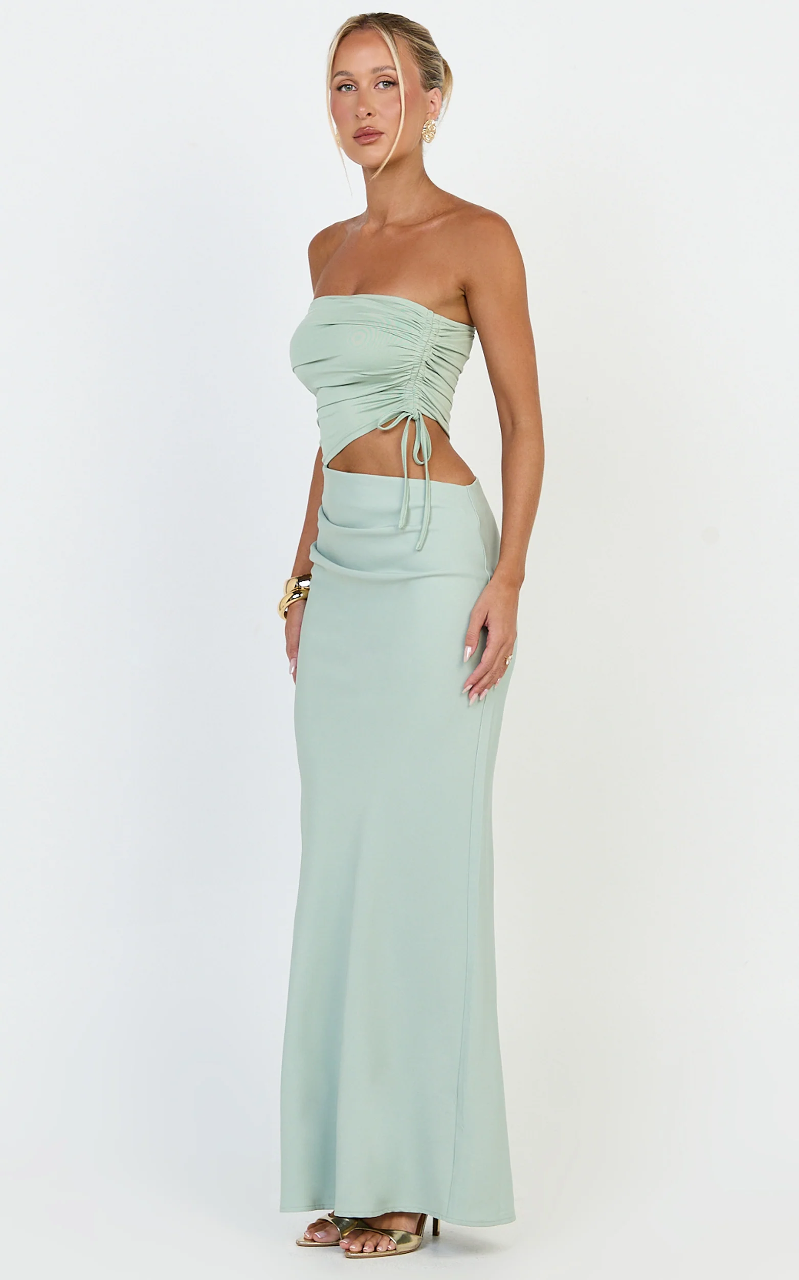 Fergie Maxi Dress - Strapless Side Ruched Cut Out Fitted Dress in Sage