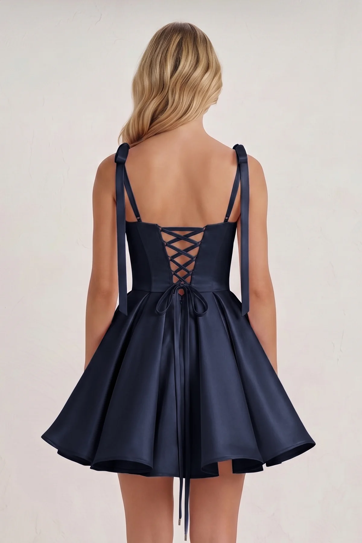 Navy Blue Spaghetti Straps Satin Pleated A-Line Homecoming Dress with Bow