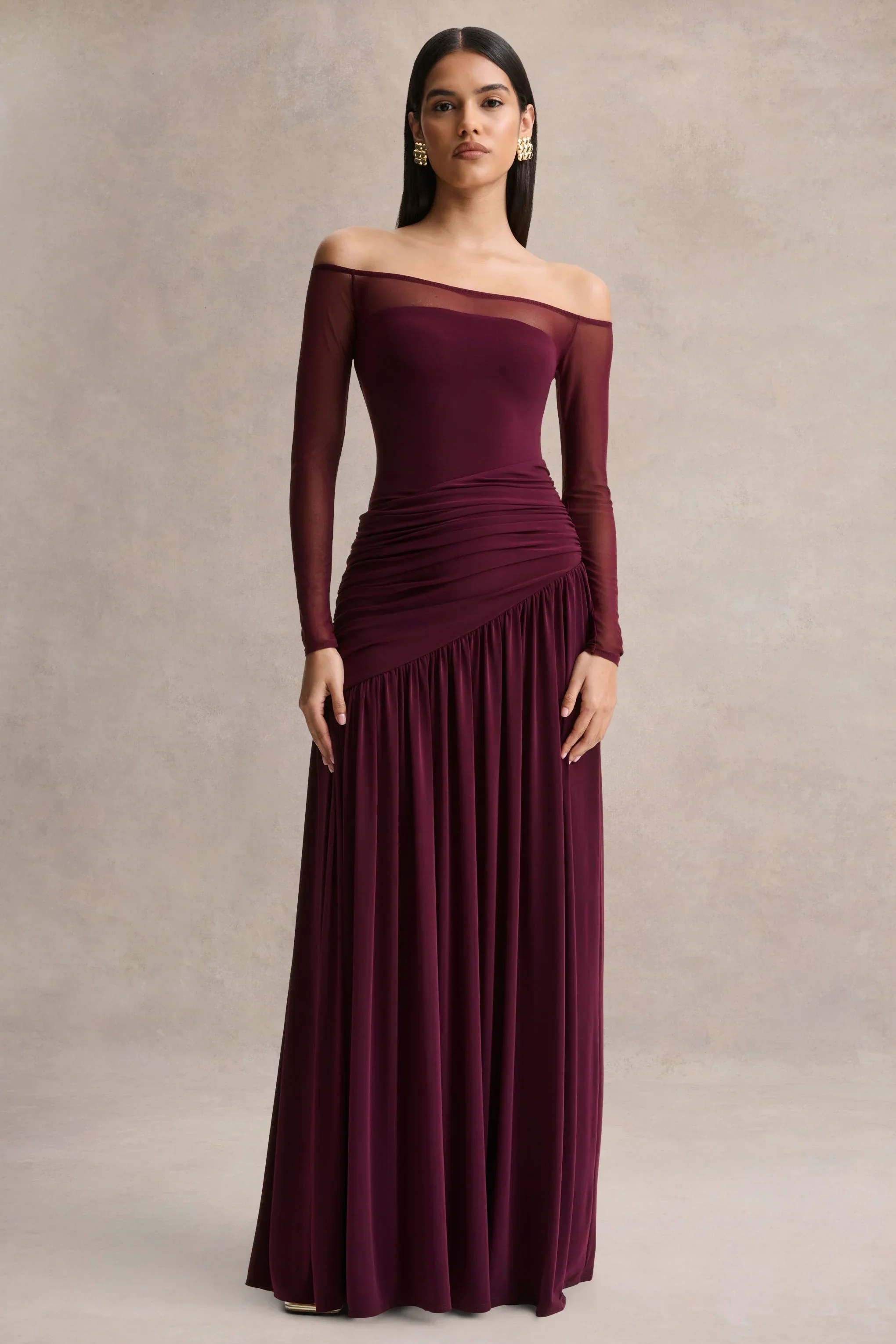 Luminary | Dark Plum Bardot-Neck Maxi Dress With Mesh Sleeves