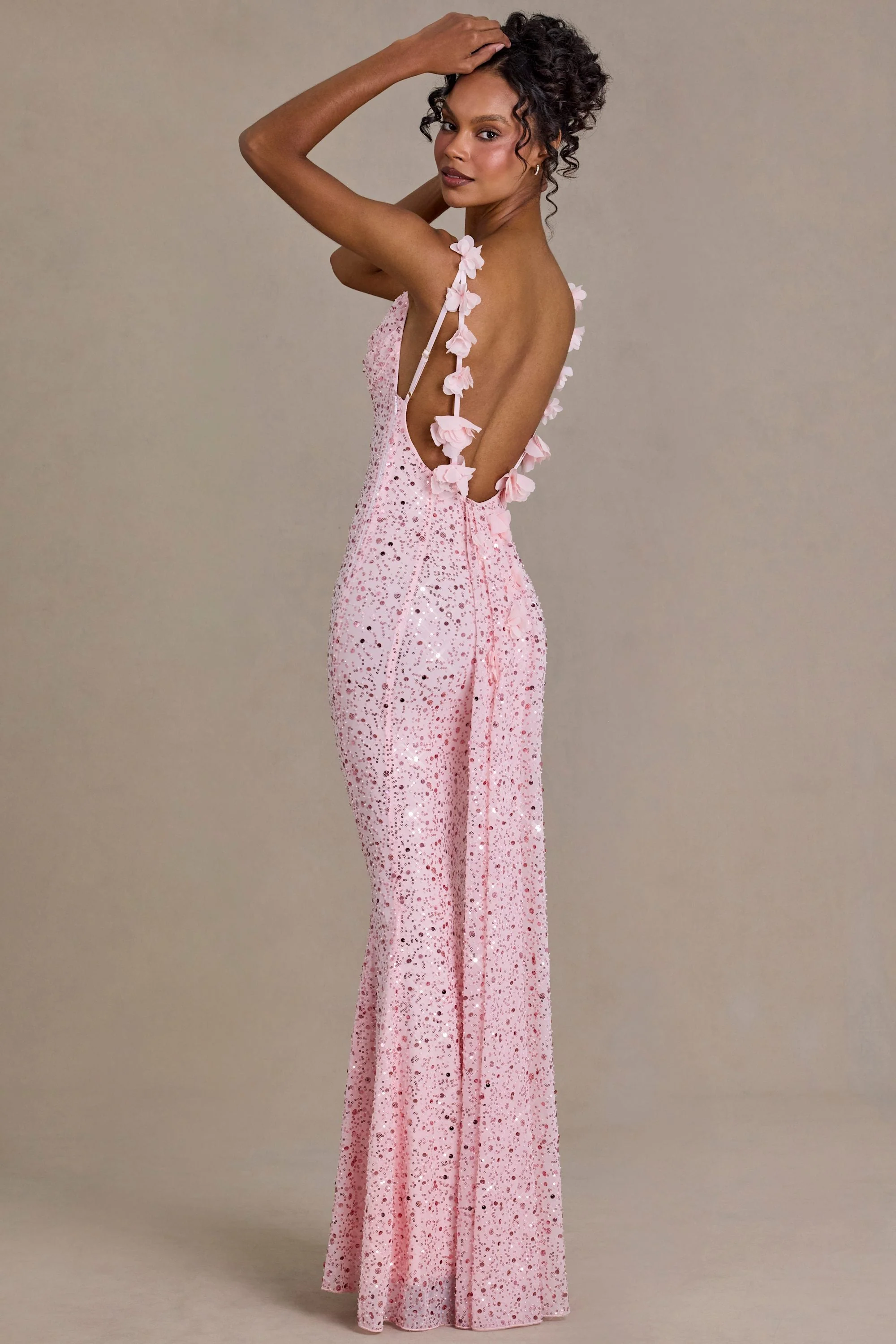 Embellished Open-Back Maxi Dress in Baby Pink