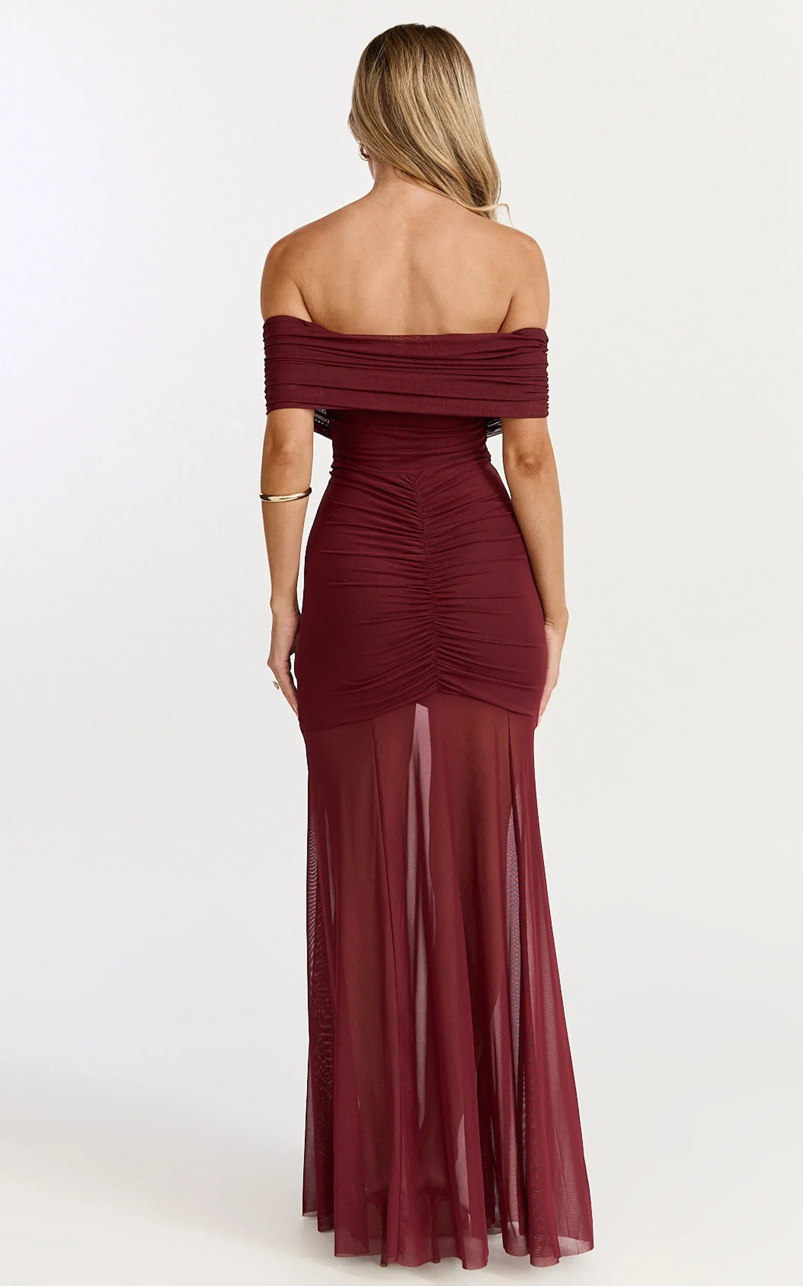 Alanna Maxi Dress - Off Shoulder Ruched Mesh Dress in Wine