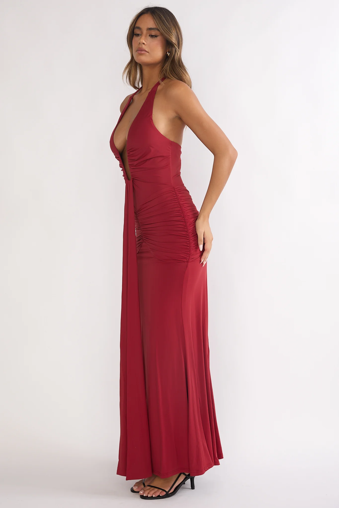 Brienna Halter Ruched Maxi Dress Wine