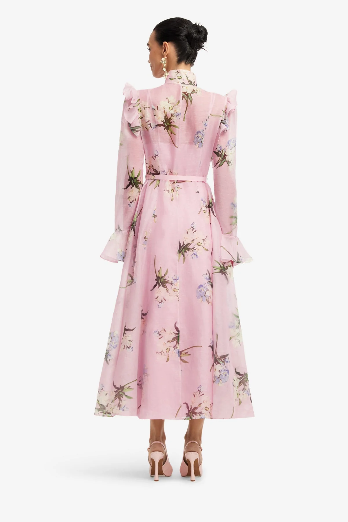 Katrina Butterfly Sleeve Midi Dress - Bouquet Print in Pastel Pink