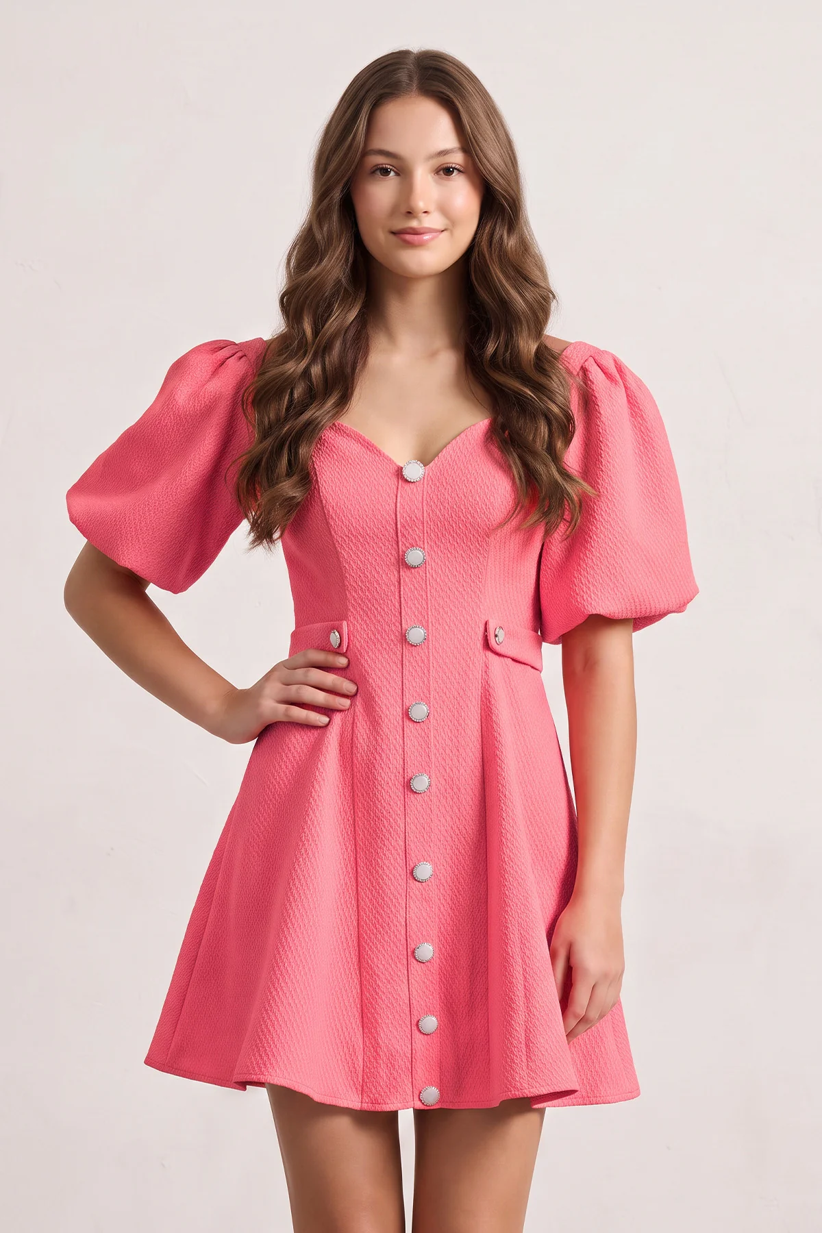 Blue A Line V Neck Textured Tweed Homecoming Dresses with Puffed Sleeves