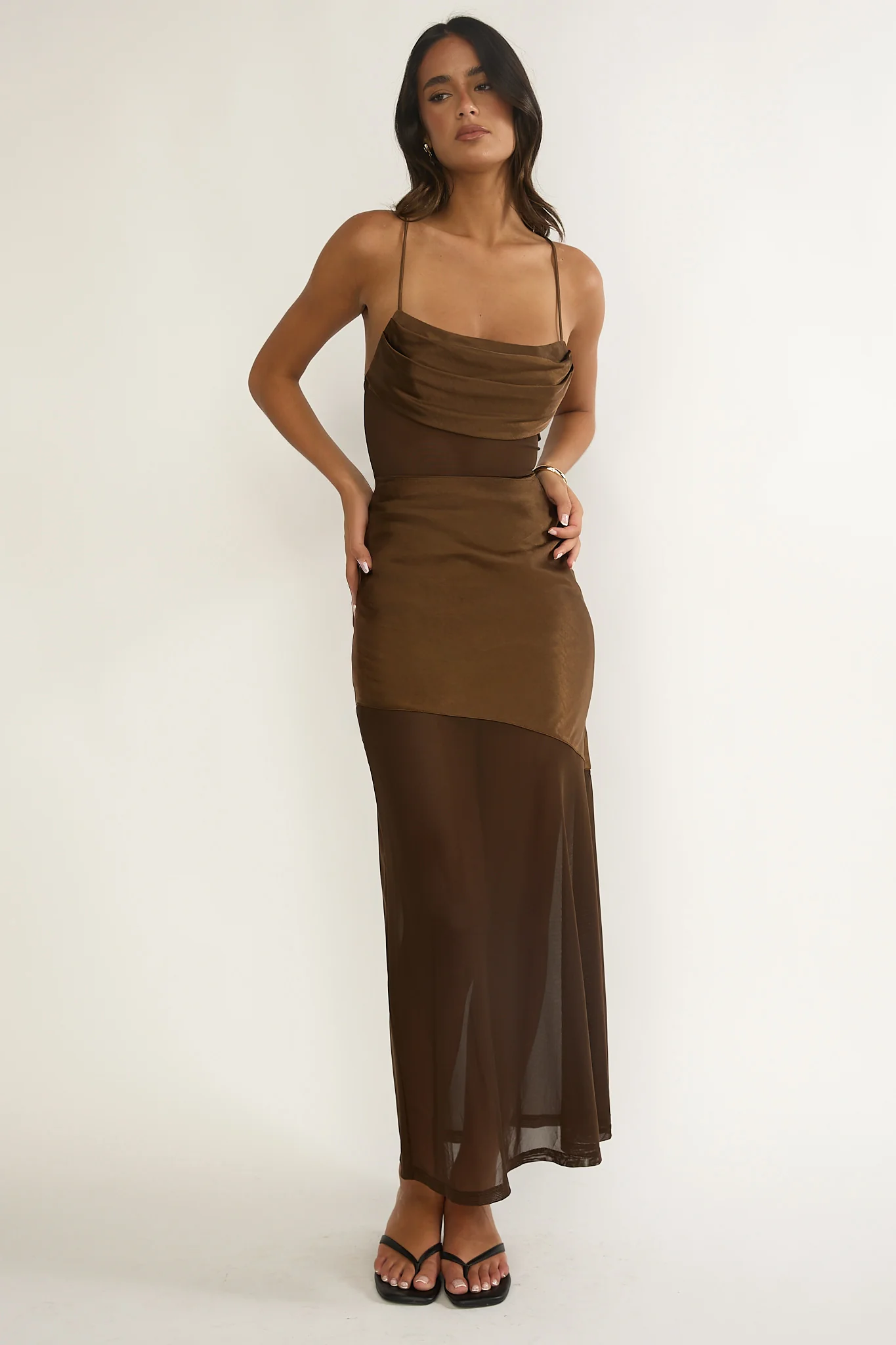 Golden Era Sheer Waist Maxi Dress Chocolate