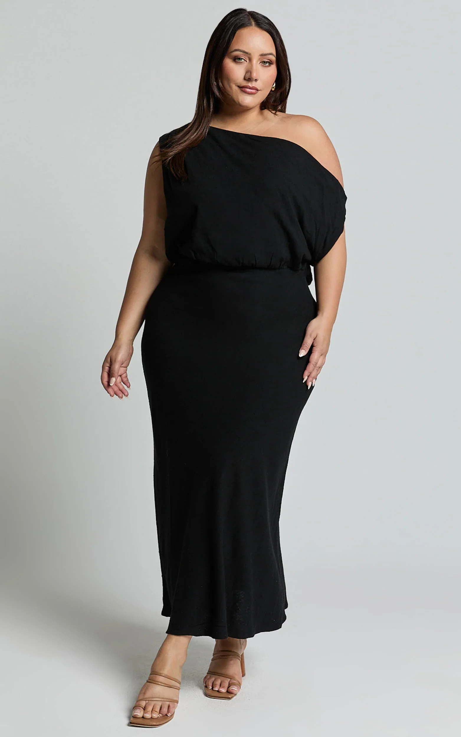 Jacqueline Midi Dress - Linen One Shoulder Dress in Black