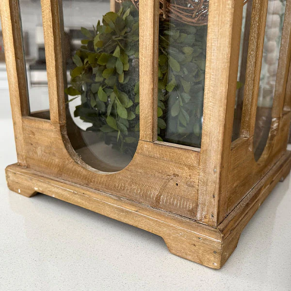 Refined Classic Natural Wood and Black Iron Lanterns, Set of 2