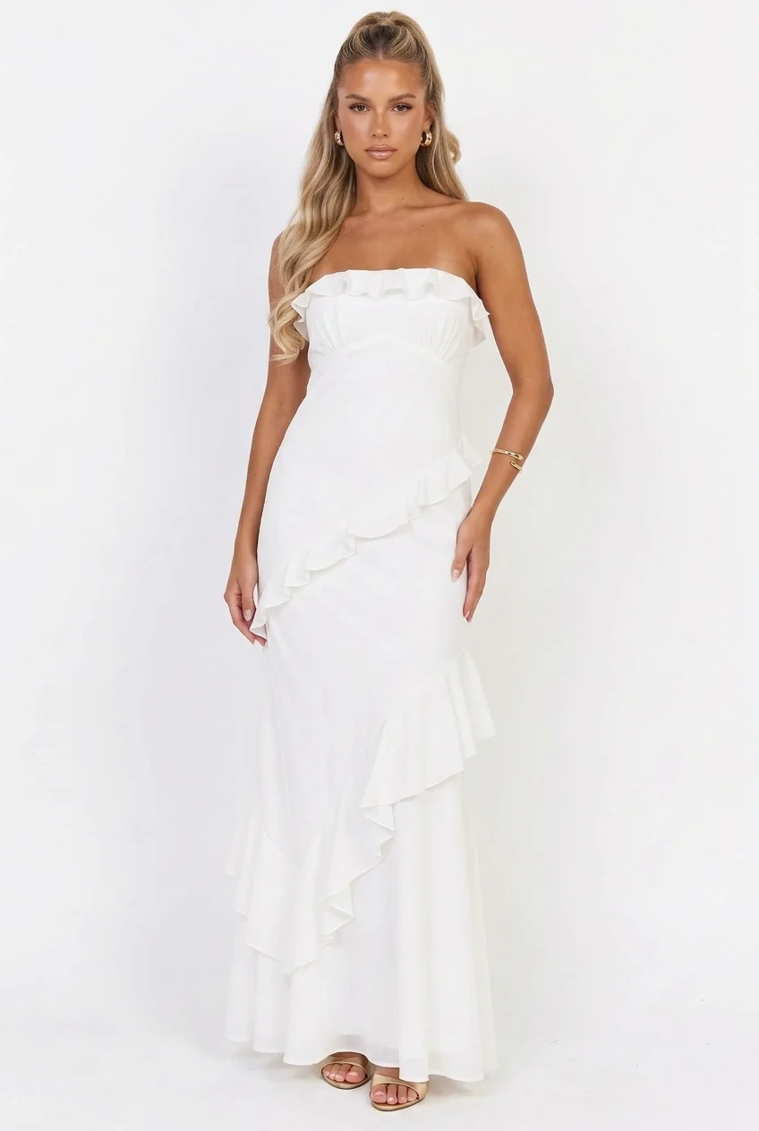 Say It Back Strapless Ruffle Maxi Dress